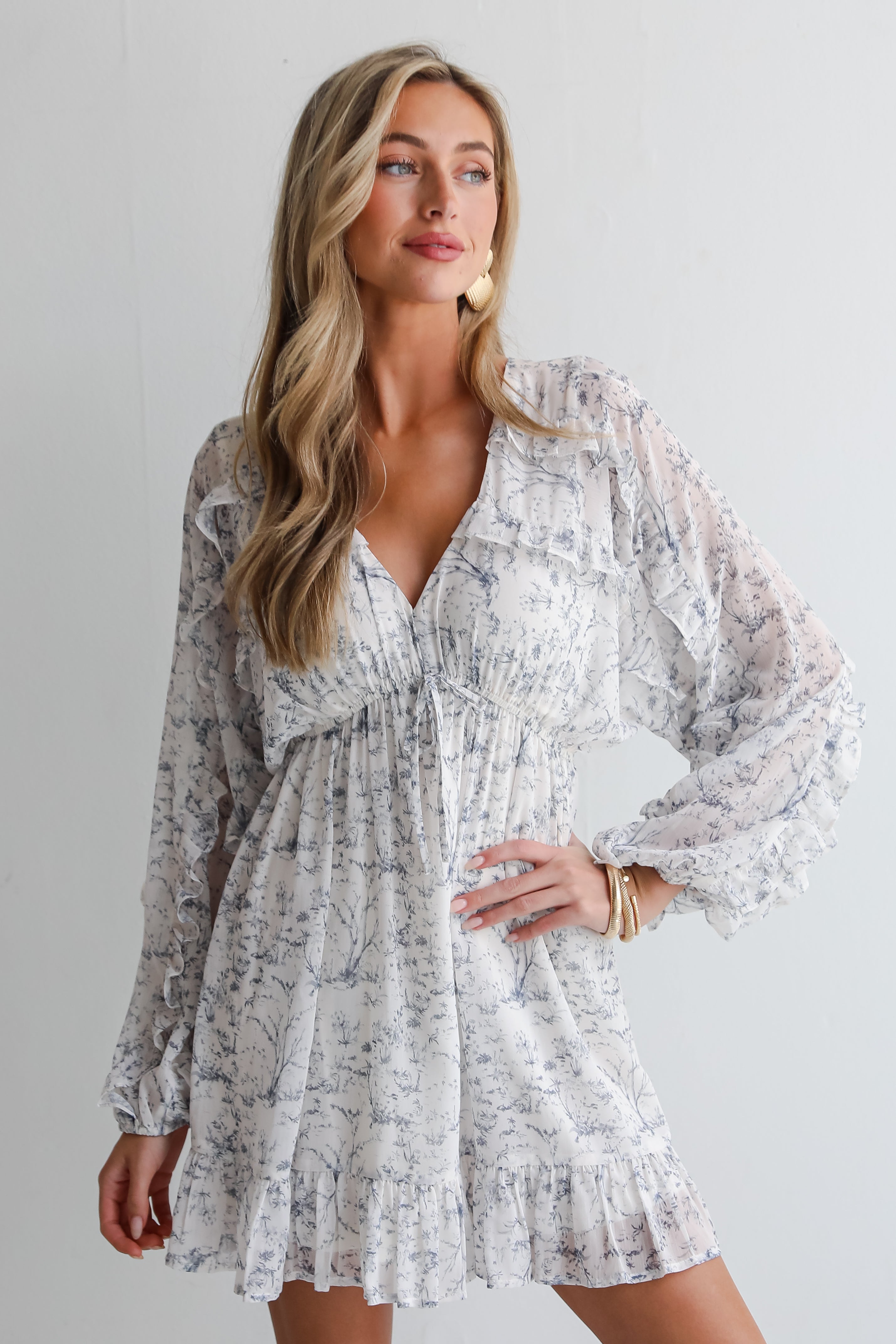 Blissful Blossoms Ivory Floral Ruffle Mini Dress - Elegant Summer Party Dress for Women, Wedding Guest Outfit, Date Night & Special Occasions