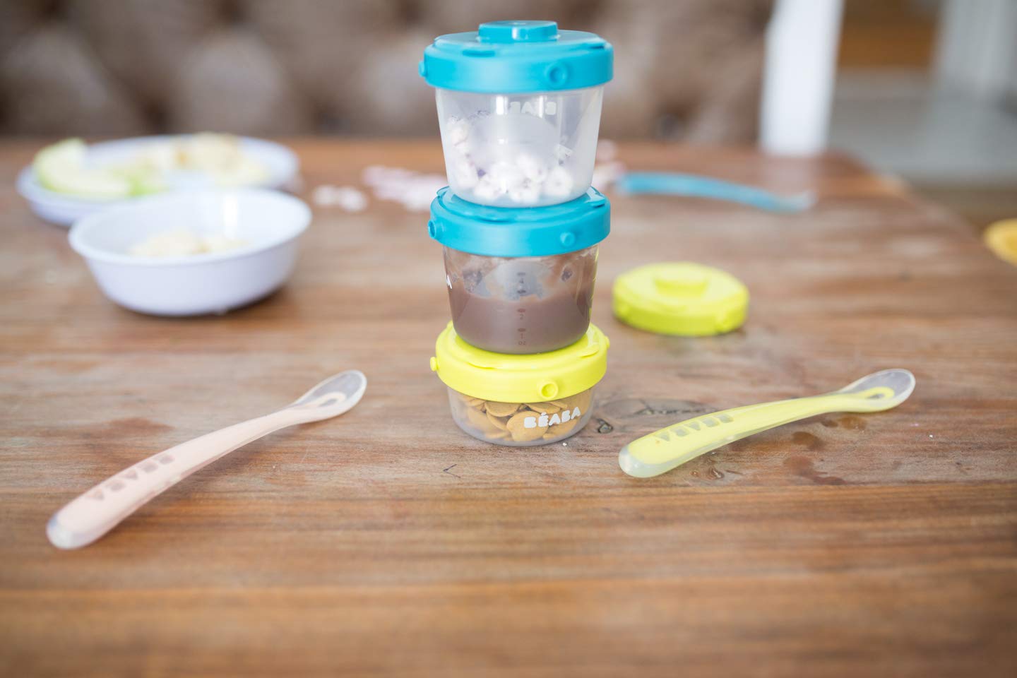 BEABA Clip Containers Set of 6 - 2oz & 4oz Airtight Food Storage Containers for Snacks, Baby Food, and Meal Prep - Perfect for On-the-Go, Lunch Boxes, and Pantry Organization (Peacock Color)