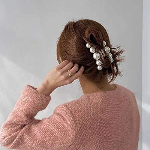 HOMEMATES 2 Pack Large Pearl Hair Claw Clips for Women - Strong Hold Hair Accessories for Thick Long Hair, White Jaw Clips for Girls & Women - Perfect for Work, Parties and Everyday Styling (Style 6)