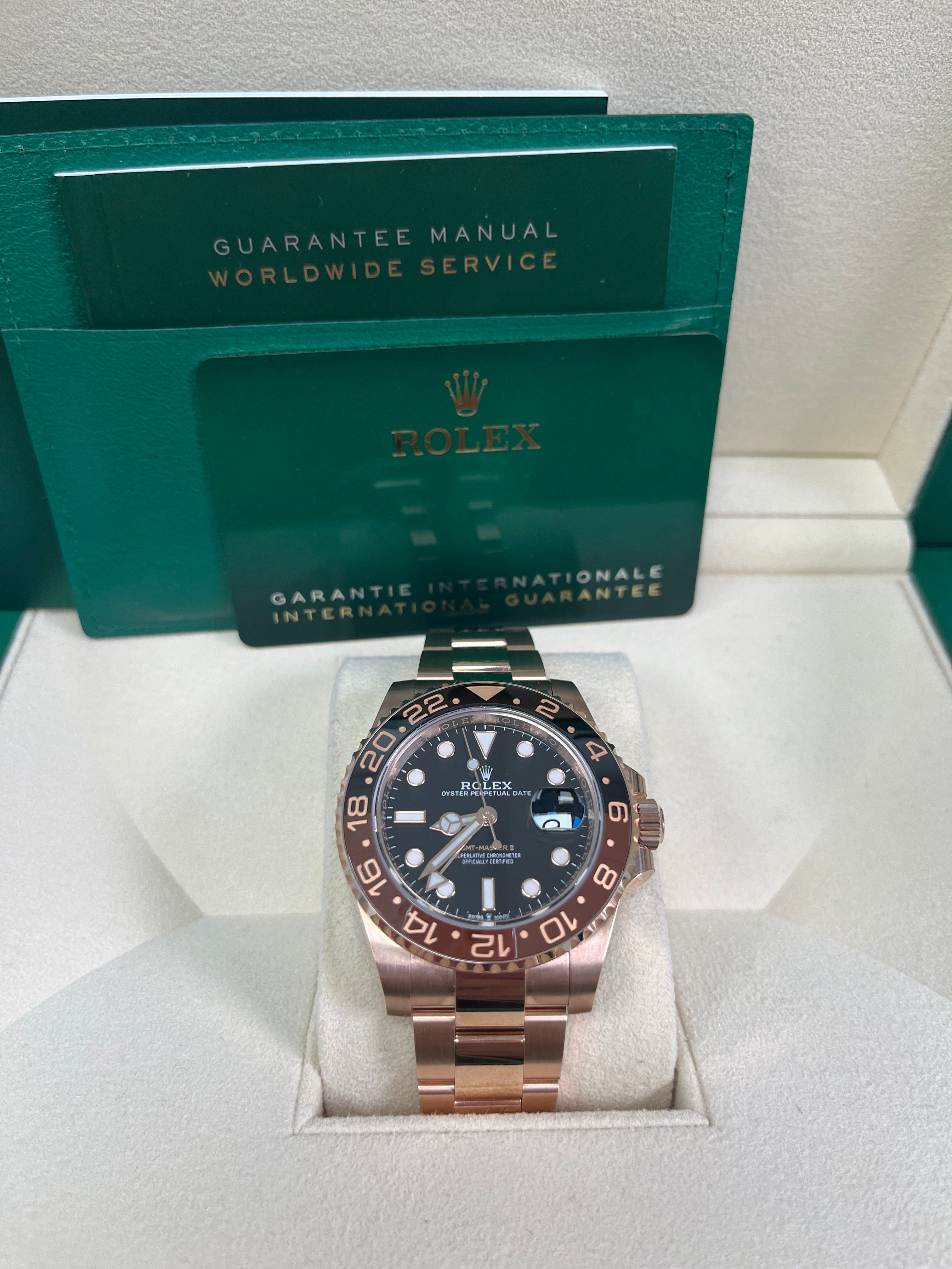 Rolex GMT Master II 18K Everose Rose Gold Watch - Rootbeer Black & Brown Ceramic Bezel, Oyster Bracelet (Ref# 126715CHNR) | Luxury Men's Watch for Travel, Business & Special Occasions