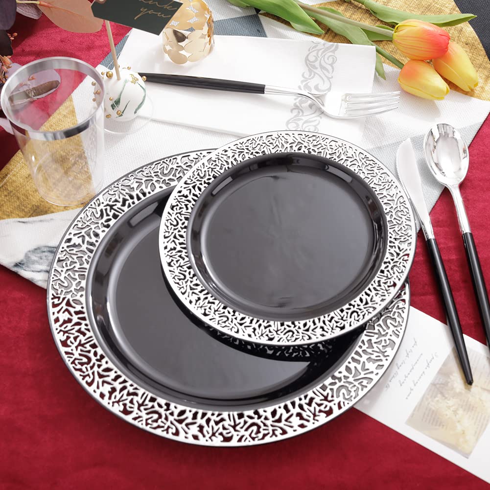 350-Piece Black & Silver Plastic Dinnerware Set - Disposable Plates, Silverware & Napkins for 50 Guests - Elegant Party Supplies for New Year Celebrations, Weddings & Special Events