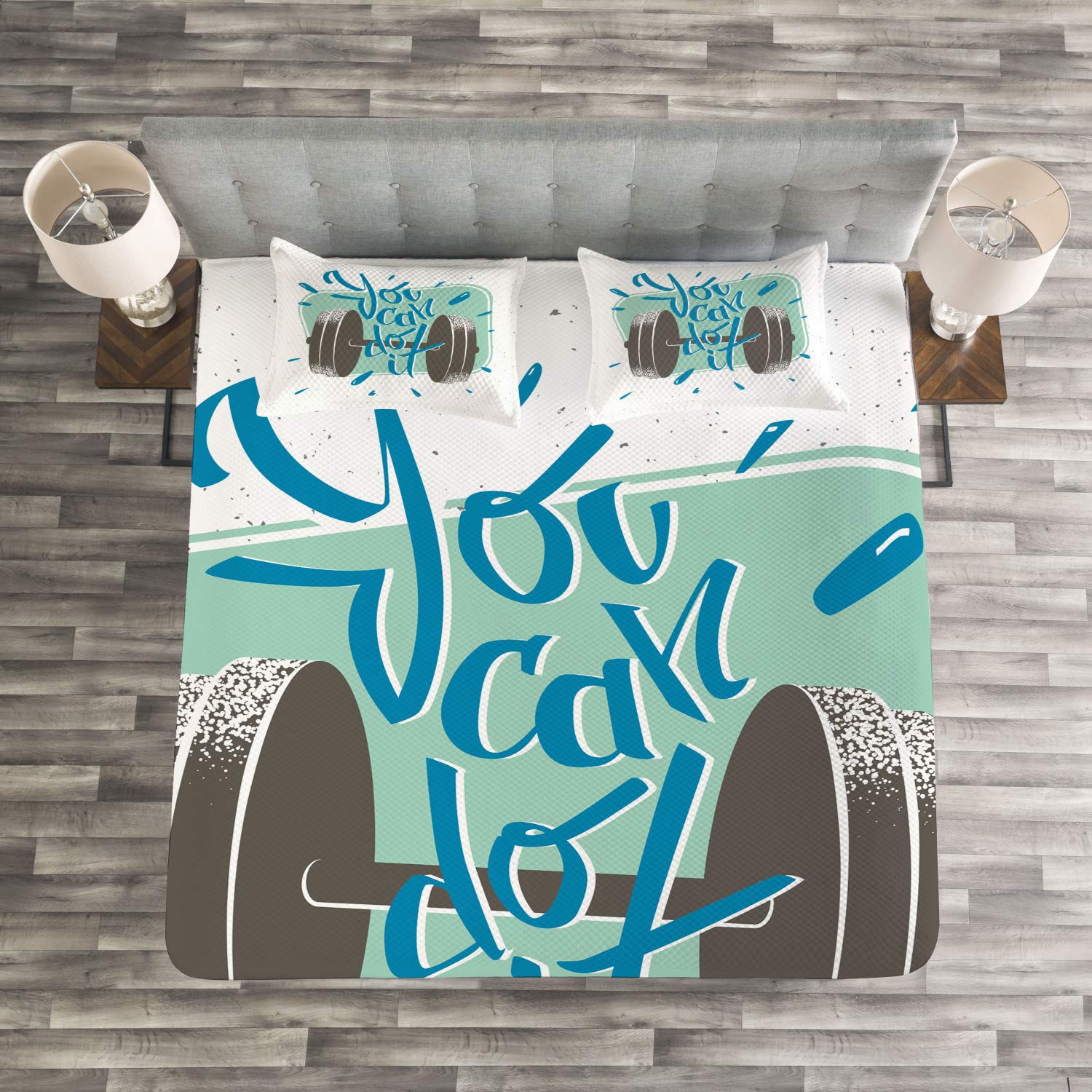 Ambesonne Fitness Bedspread Set – Retro Dumbbell Design with 'You Can Do It' Motivational Phrase, 3-Piece Decorative Bedding Coverlet & 2 Pillow Shams, Queen Size, Grey Almond Green Blue – Perfect for Gym Lovers & Home Workout Spaces
