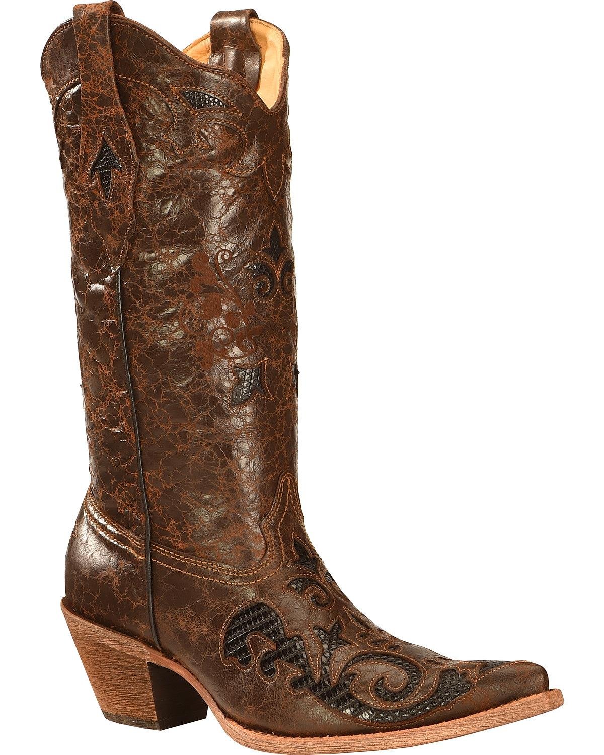 Corral Women's Chocolate Lizard Inlay Snip Toe Cowgirl Boots C2118 - Western Fashion Boots for Women Size 8.5 B(M) US - Perfect for Rodeo, Country Dancing & Western Outfits