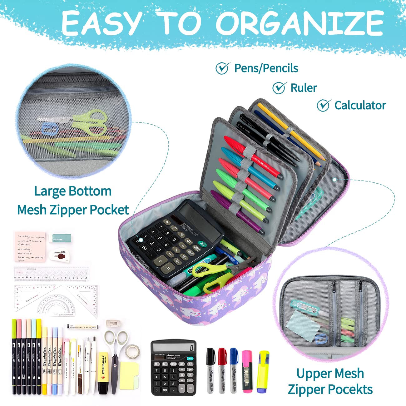 VASCHY Large Pencil Case with Detachable Layers - Purple Unicorn for School & Office Organization
