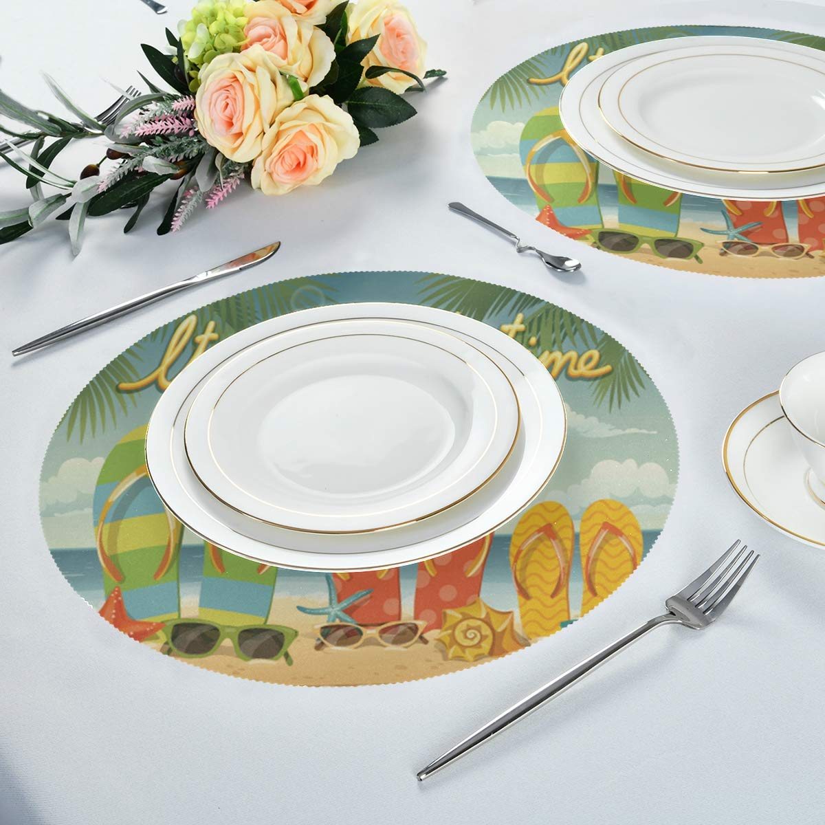 Wamika Summer Flip Flops Beach Round Placemat Set of 6 - 15.4 Inch Palm Tree Table Mats for Dining, Kitchen Decor - Perfect for Indoor Use, Beach Parties, and Tropical Themed Home Decor