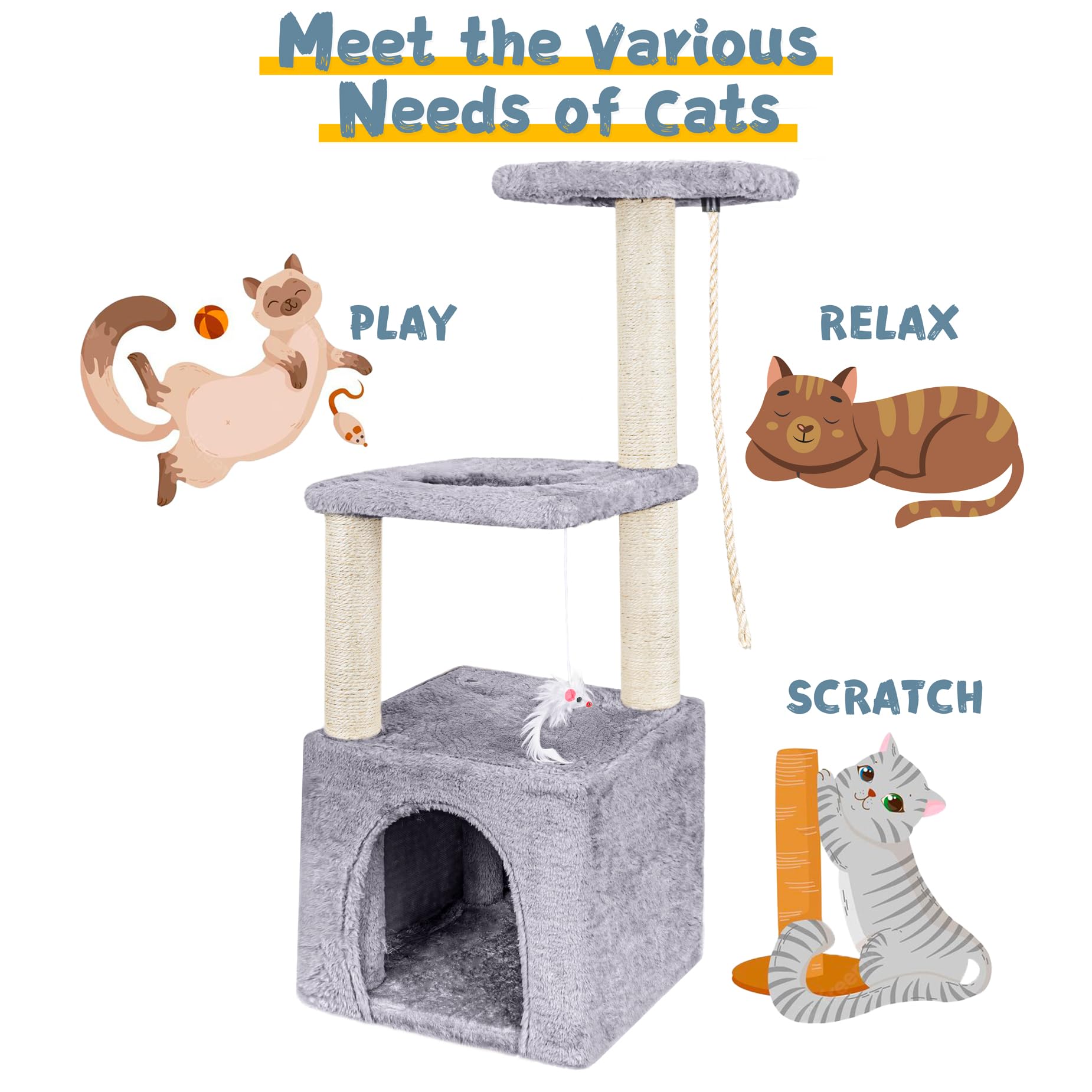 90cm Multi-Level Cat Tree with Scratching Post & Cat House - Sturdy Cat Tower for Indoor Cats to Climb, Play & Relax - Perfect for Small Spaces & Cat Nap Time (Grey)