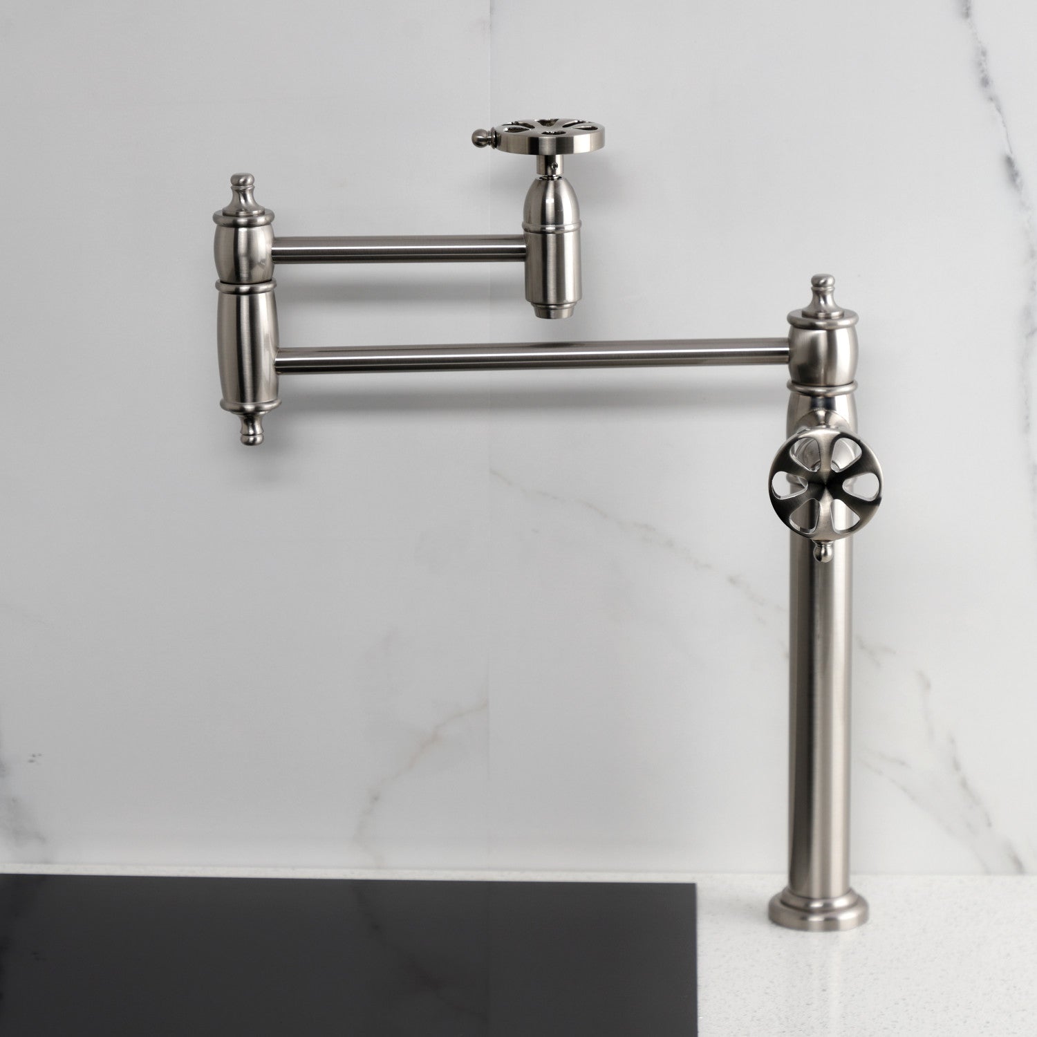Belknap KS3708RX Brushed Nickel Two Handle Deck Mount Pot Filler Faucet - Ideal for Kitchen Sink, Stove, and Cooking Area