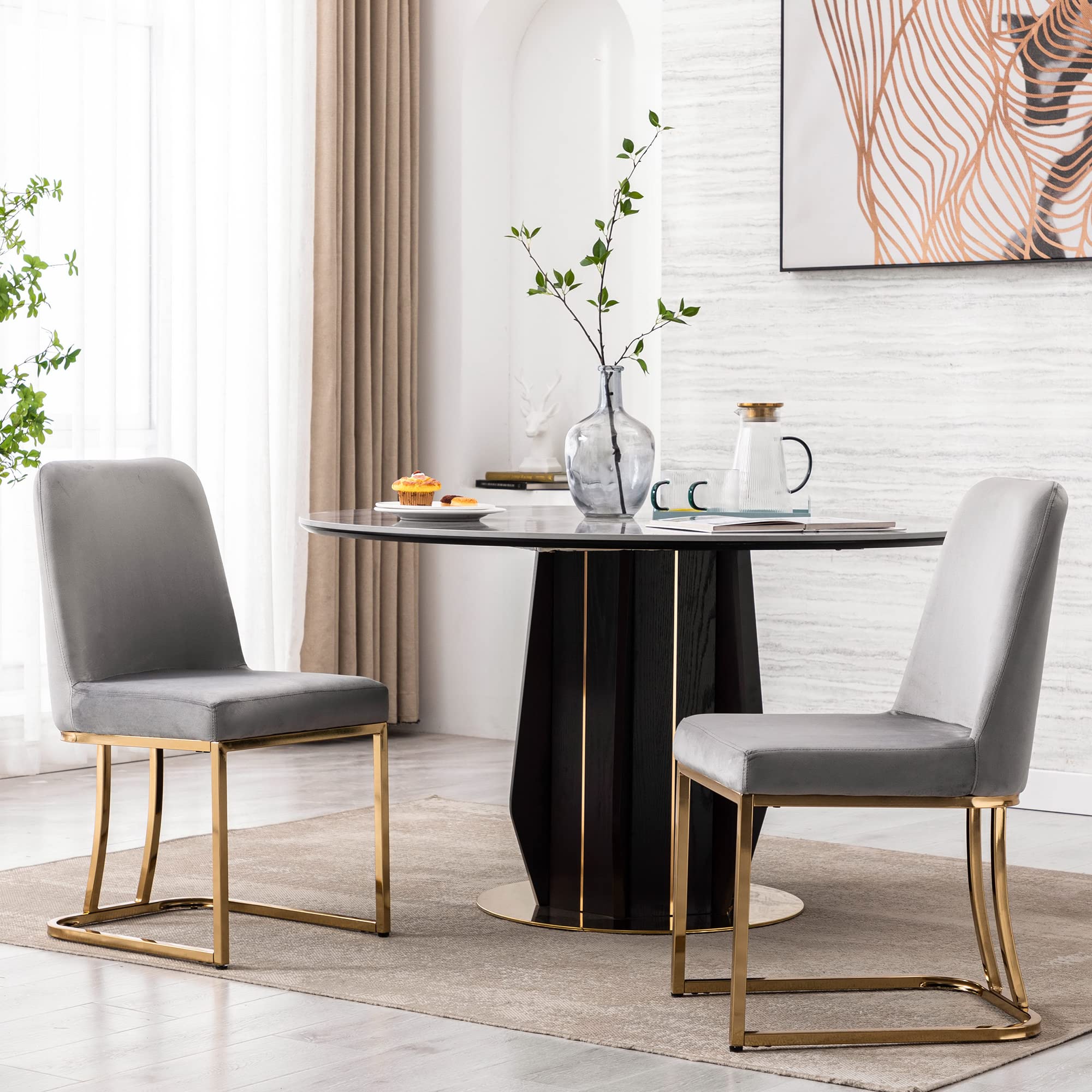 Mid Century Modern Dining Chairs Set of 2 - Velvet Upholstered Side Chairs with Gold Metal Legs, 17.7