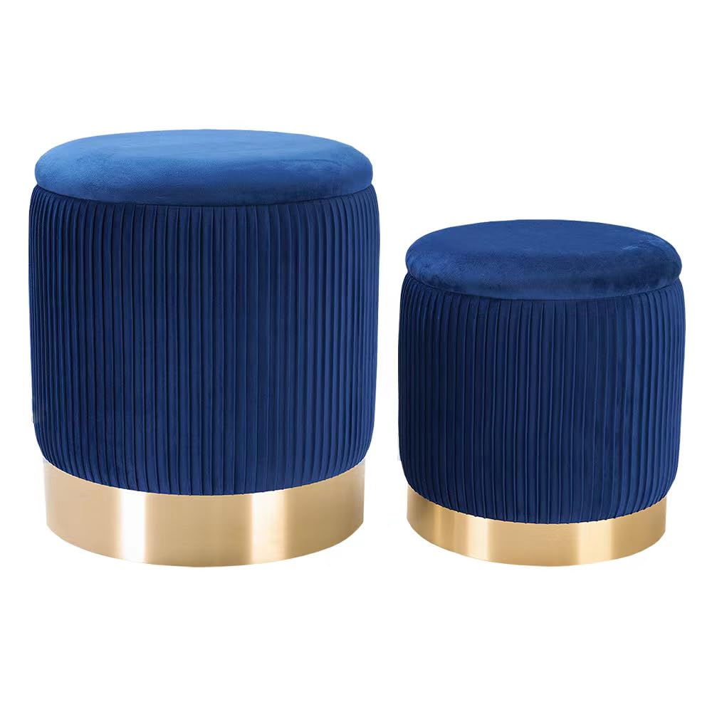 Blue Velvet Round Storage Ottoman Set of 2 - Gold Accent Ottoman Chairs for Living Room & Bedroom | Modern Footrest with Hidden Storage | Perfect for Small Spaces, Home Decor & Extra Seating