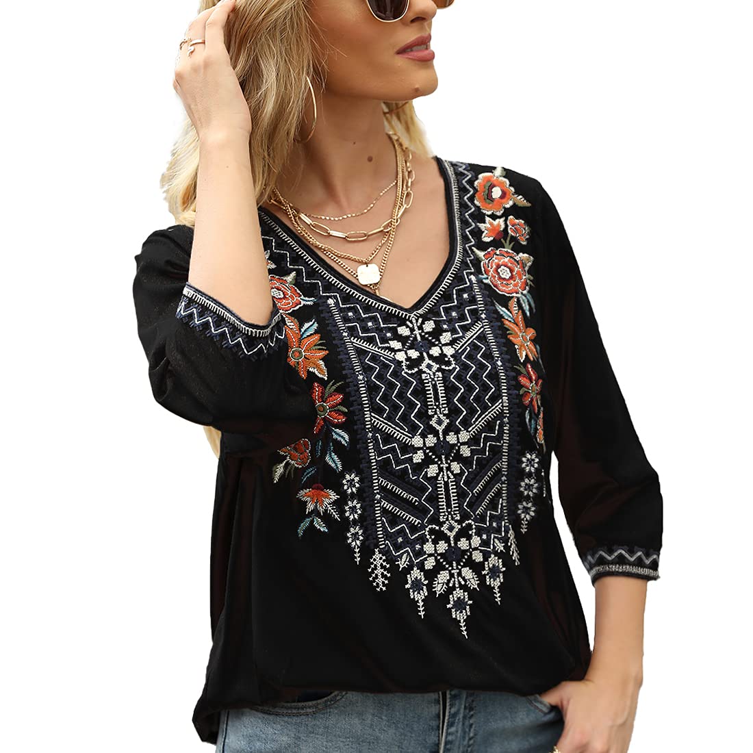 AK Women's Embroidered 3/4 Sleeve V-Neck Peasant Blouse - Traditional Mexican Tunic Top for Casual Wear & Festive Occasions