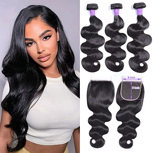 Brazilian Body Wave Human Hair Bundles 3Pcs with 5x5 Lace Closure - 100% Unprocessed Virgin Hair (16 18 20 +14,1B) 10A Grade - Perfect for Daily Styling, Weddings & Special Occasions