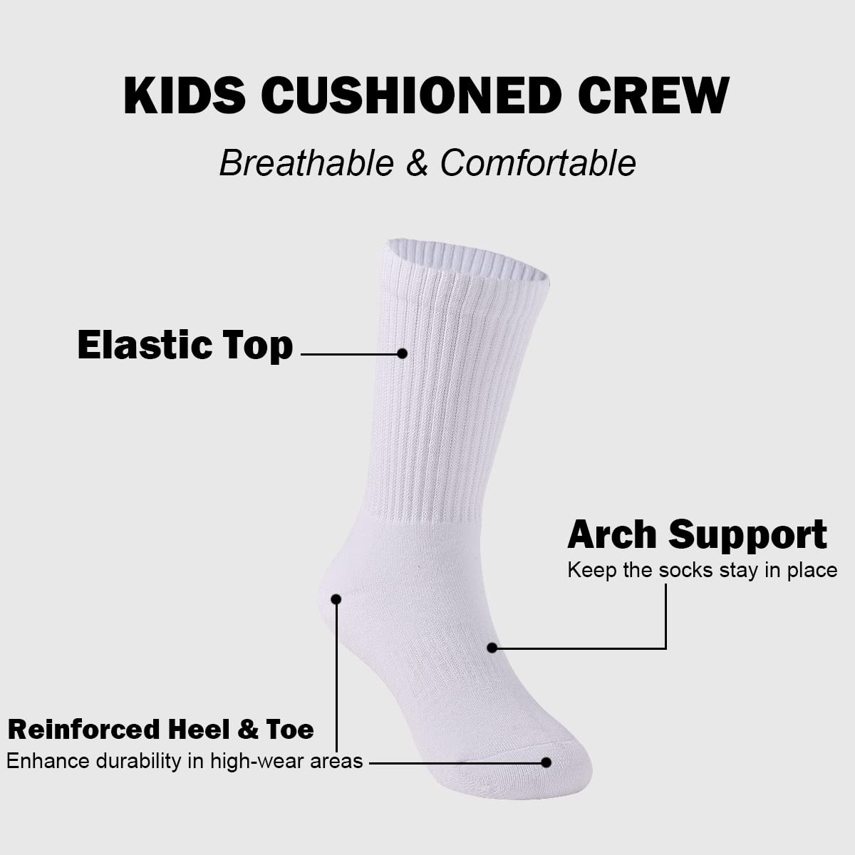 Marchare Boys & Girls Athletic Running Socks - 6 Pack Cushioned Crew Socks for Kids, Thick Cotton Comfort, Black/White - Perfect for Sports, School & Daily Activities