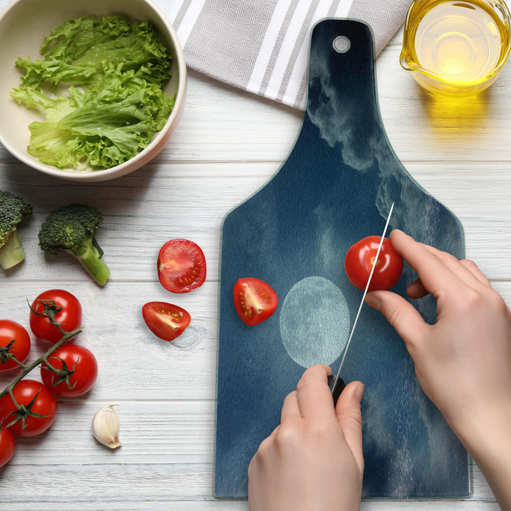 Ambesonne Moon Themed Tempered Glass Cutting Board - Night Sky with Full Moon & Clouds Space Photography Print - Decorative Serving Board for Cheese, Charcuterie & Wine - Dark Blue & White Wine Bottle Shape - Perfect for Dinner Parties, Gifts & Home Decor