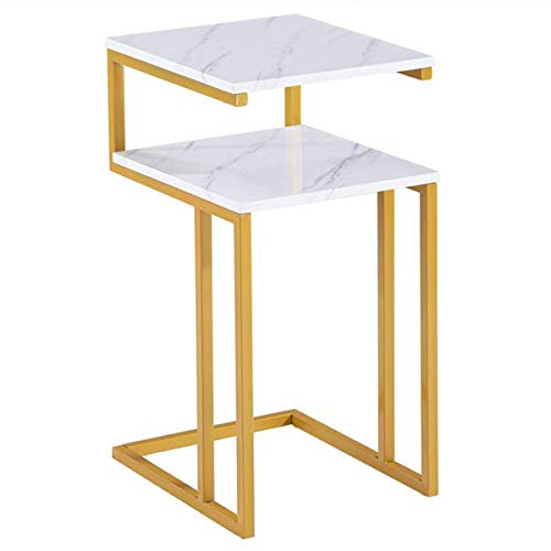 Aveland Happy 42 x 35.5 x 71 cm C-Shaped End Table with Gold Marble Finish - 2-Tier Modern Side Table for Living Room, Bedroom & Office Decor