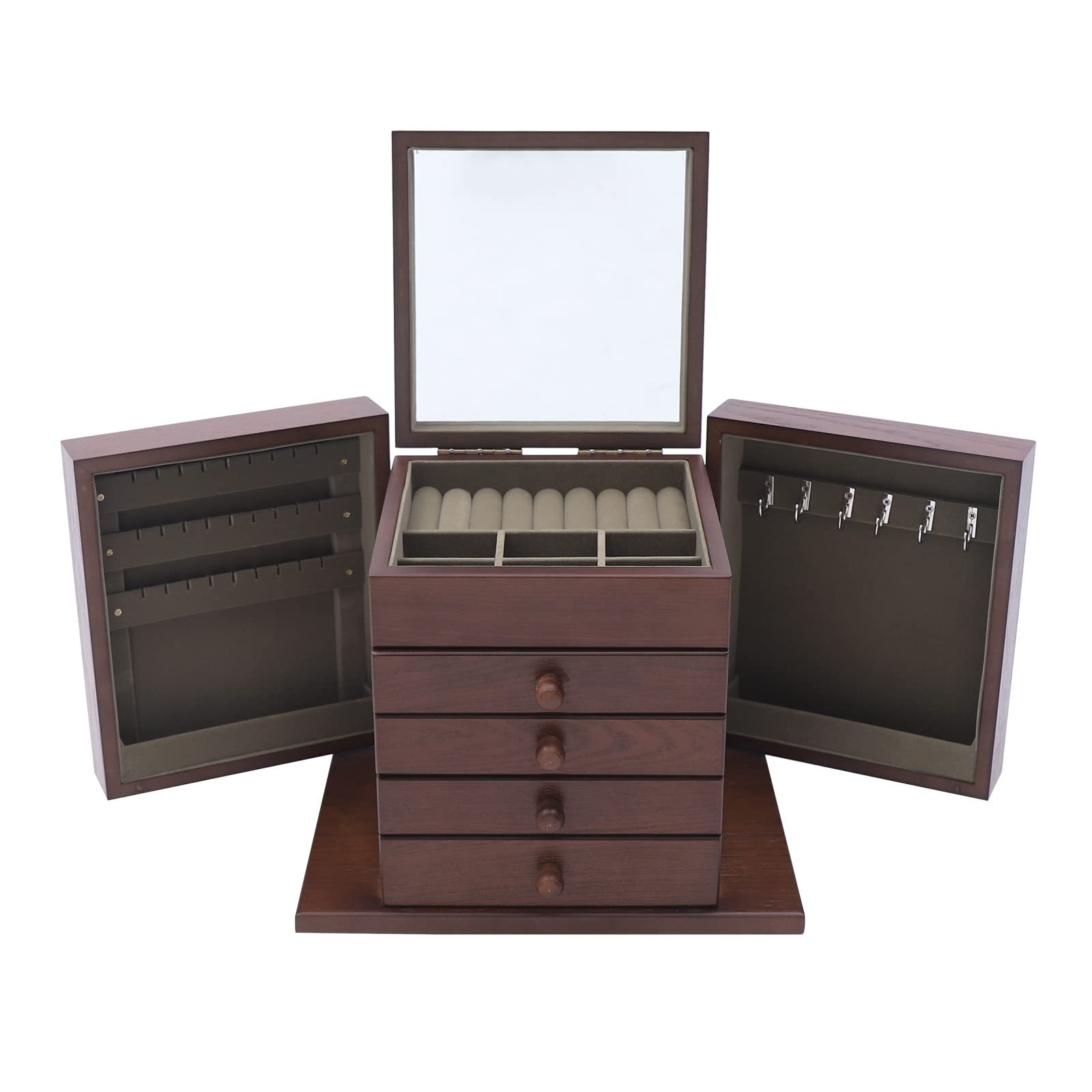 Vintage Wooden Jewelry Organizer Box with 4 Drawers & Mirror - 5-Layer Jewelry Display Cabinet for Necklaces, Rings, Earrings & Watches - Floral Carved Storage Case for Women & Girls - Perfect for Bedroom, Dressing Table & Travel Organization