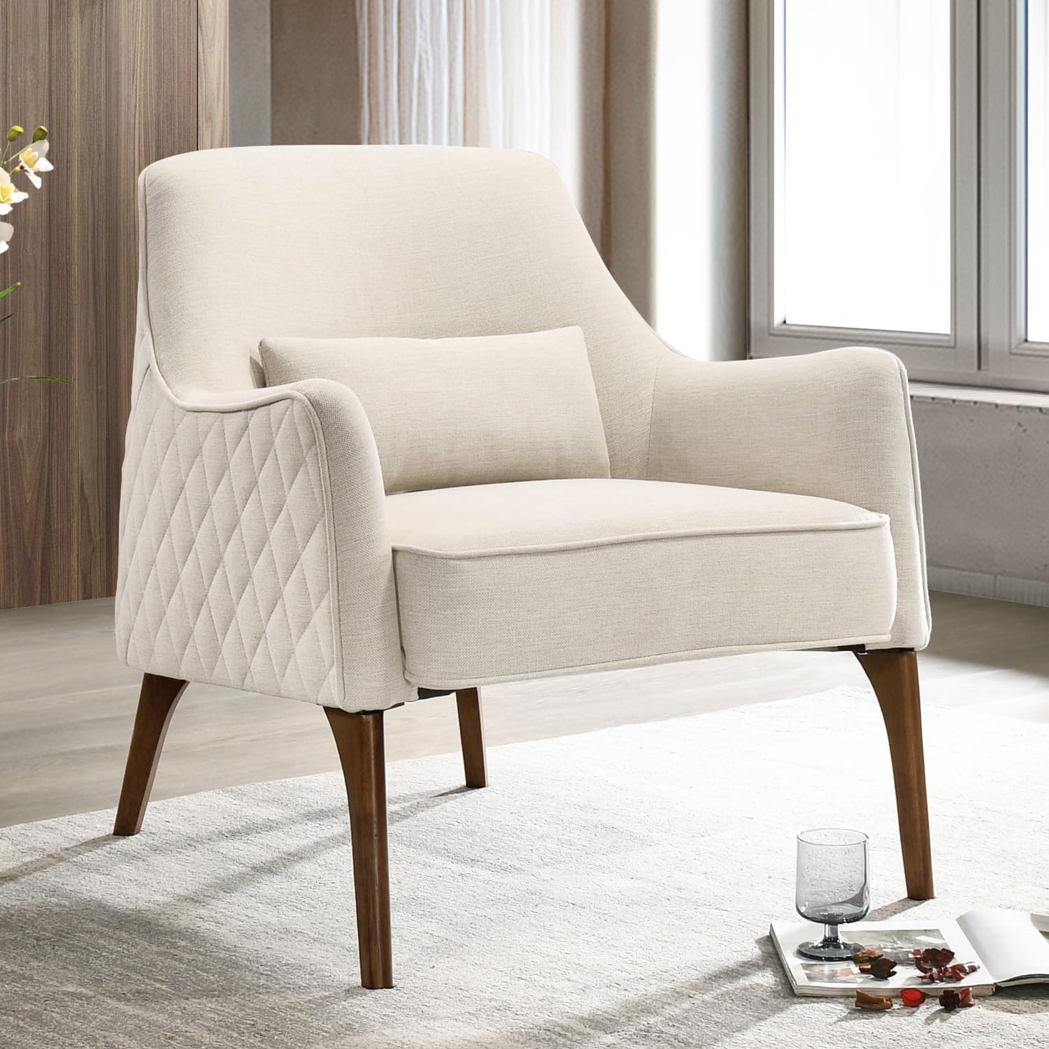Jane Lounge Accent Chair - Modern Beige Upholstered Armchair for Living Room, Bedroom & Office - Comfortable Reading Chair with Sturdy Wooden Legs