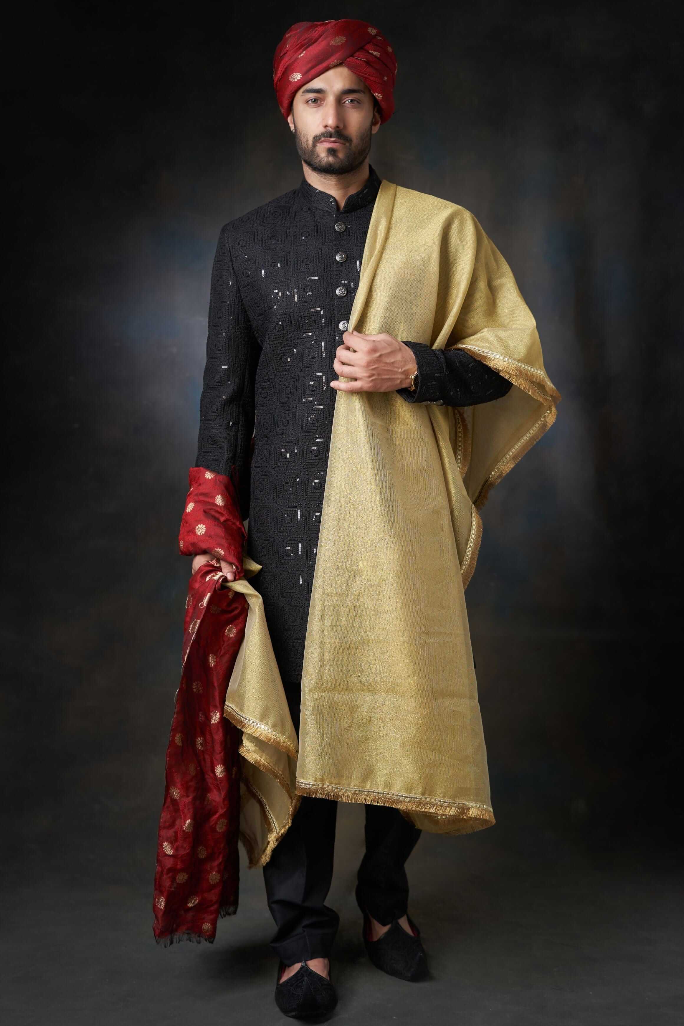 Elegant Jet Black Short Sherwani for Men with Sequins Detailing - Perfect for Weddings, Festivals & Special Occasions