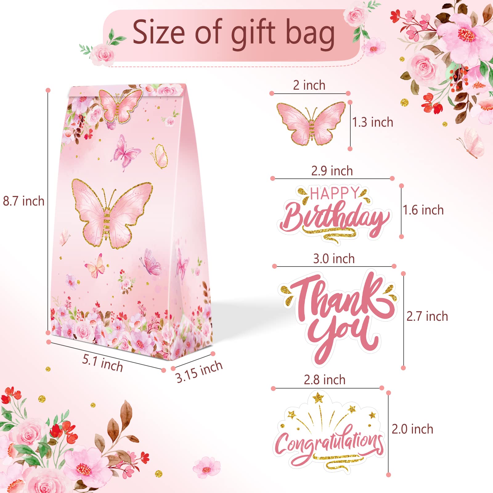 24-Piece LWBDD Butterfly Candy Gift Bags - Pink & Purple Rainbow Party Decorations with 24 Stickers | Perfect for Birthday Parties, Valentine's Day, Easter & Baby Showers | Reusable Paper Favor Bags for Kids & Adults