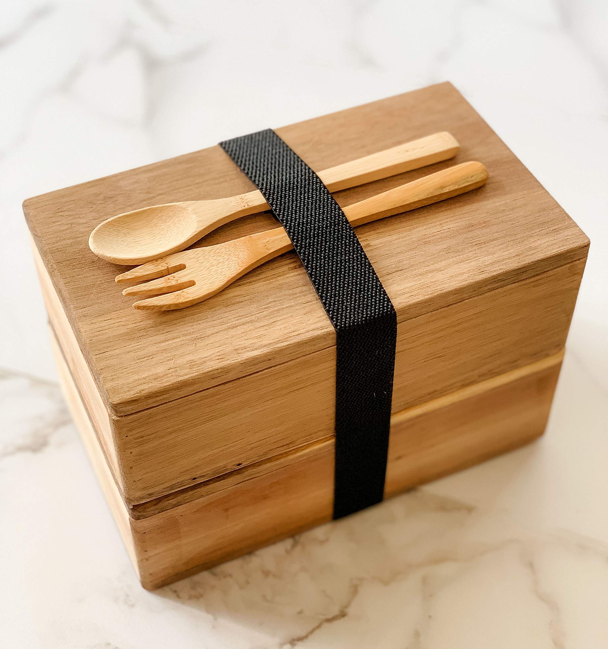 Japanese Style Natural Wooden Lunch Box - 100% Handmade Portable Bento Box with Fork & Spoon | Eco-Friendly Food Container for Office, School, Picnic, Hiking & Camping | Perfect for Meal Prep & Outdoor Dining