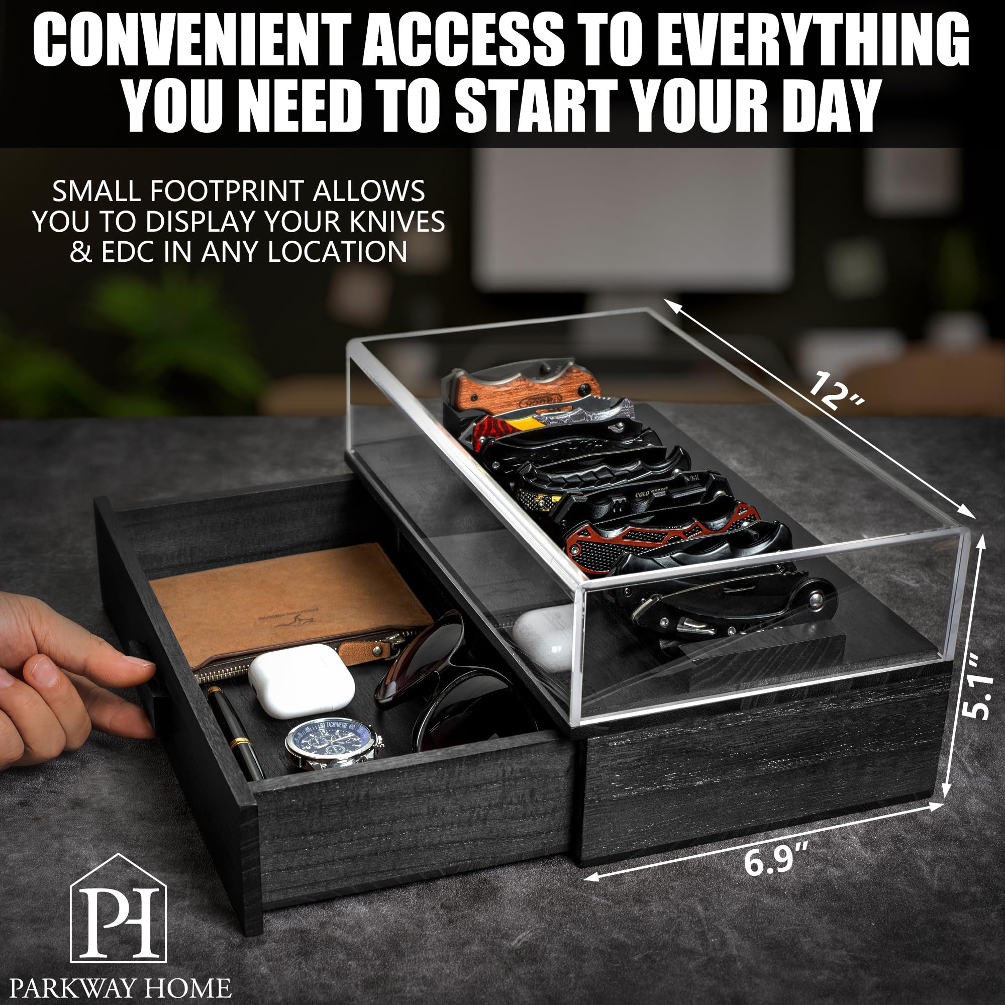 Premium Black Wooden Pocket Knife Display Case - Clear Sturdy Cover Holds 16 Knives - 2-Tier Collector's Case with Removable Drawer for EDC Gear - Perfect for Home Display, Gift Giving & Knife Enthusiast Collections