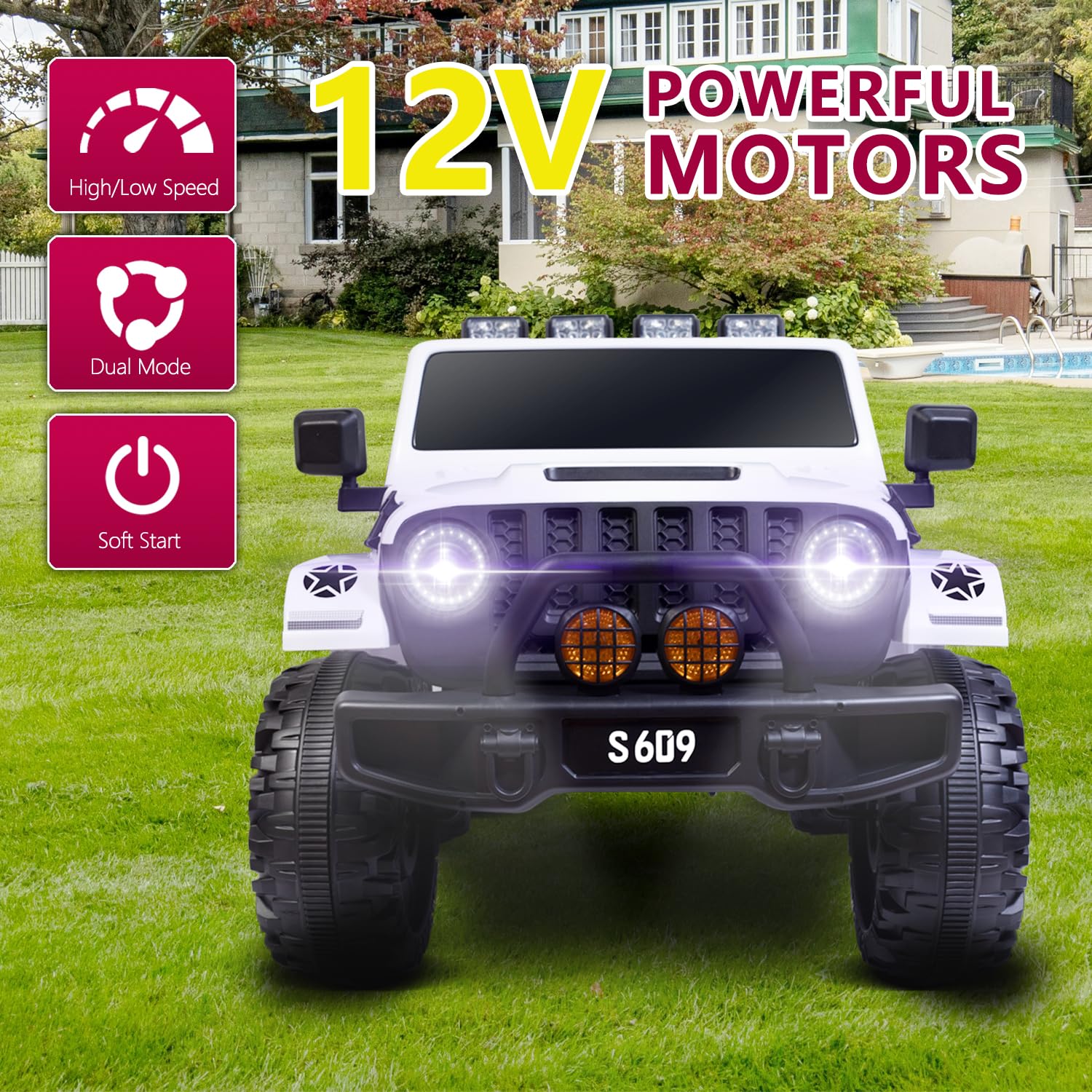 MOLACHI 12V Battery Powered 2 Seater Ride On Truck Toy Car for Kids - Electric Vehicle with Music, MP3, LED Lights, Safety Belt & 3 Speed Settings - Perfect for Boys & Girls Outdoor Play (White)