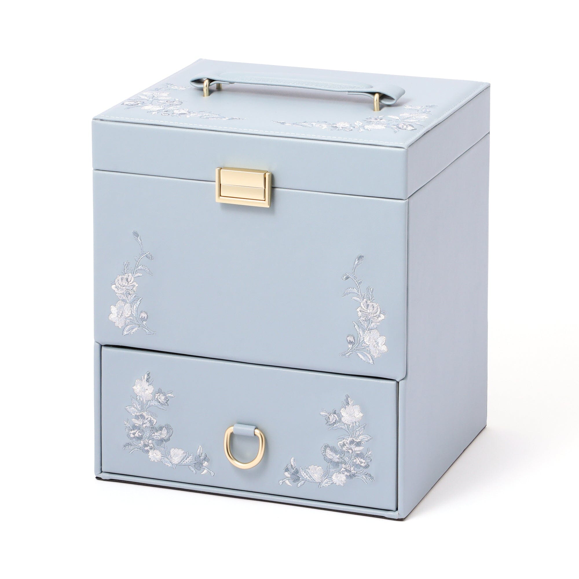 Blue Floral Embroidery Cosmetic Box - Elegant Storage for Makeup, Jewelry & Travel Essentials | Perfect for Vanity, Gift & Organizing Beauty Accessories