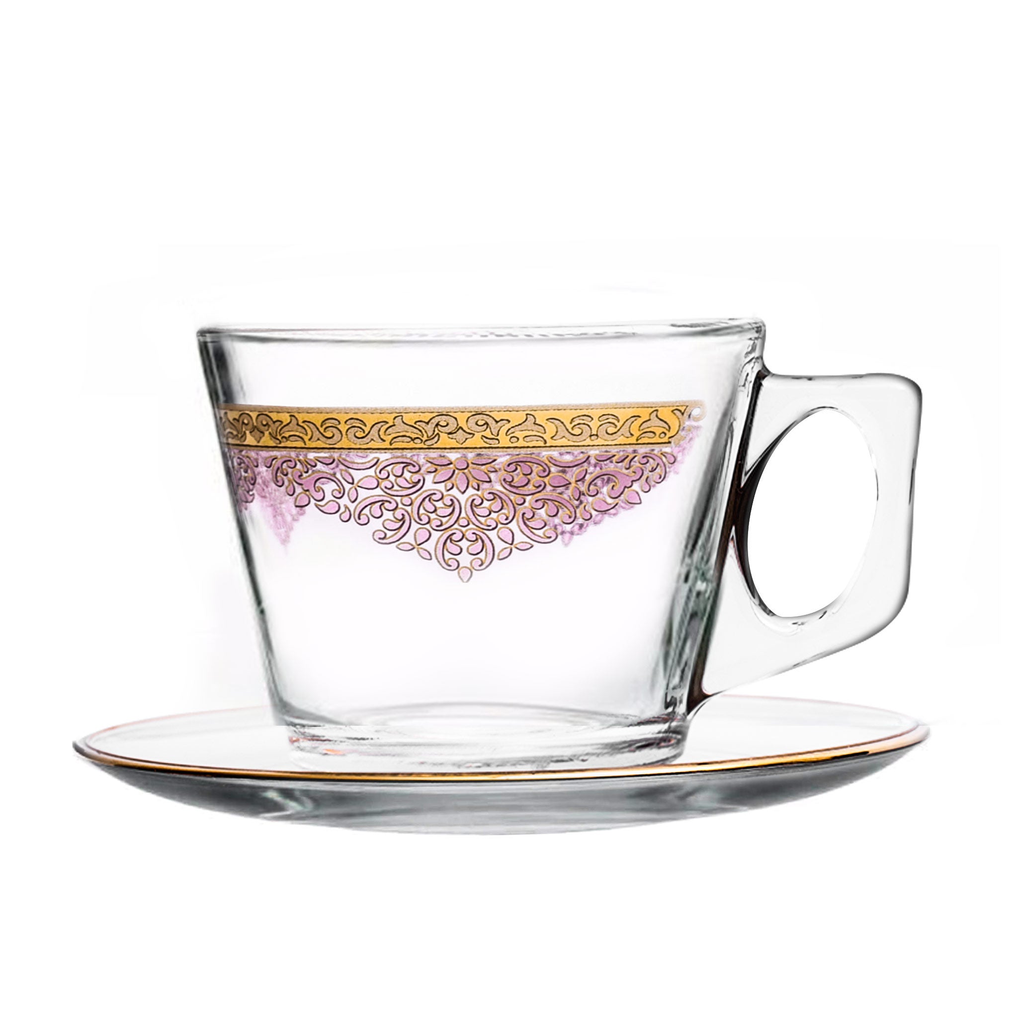 Dimlaj Selena 6-Piece Tea Cup and Saucer Set - Elegant Gold & Pink Porcelain Tea Cups with Saucers - Perfect for Afternoon Tea, Bridal Showers, and Gift Giving