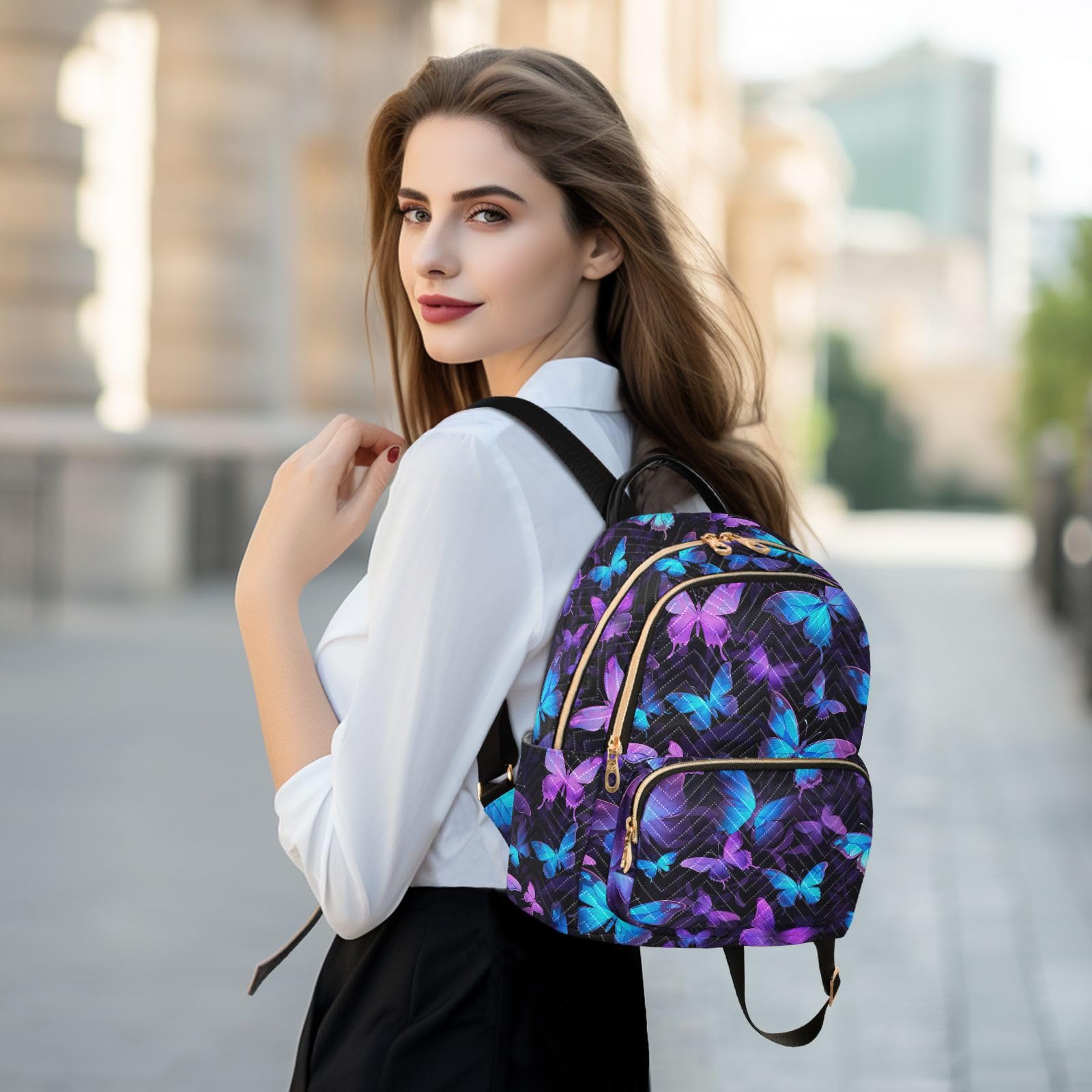 Butterfly Print Blue & Purple Women's Anti-Theft Backpack Purse - Fashionable Small Mini Daypack Shoulder Bag for Daily Use, Travel & Weekend Outings (Medium Size)