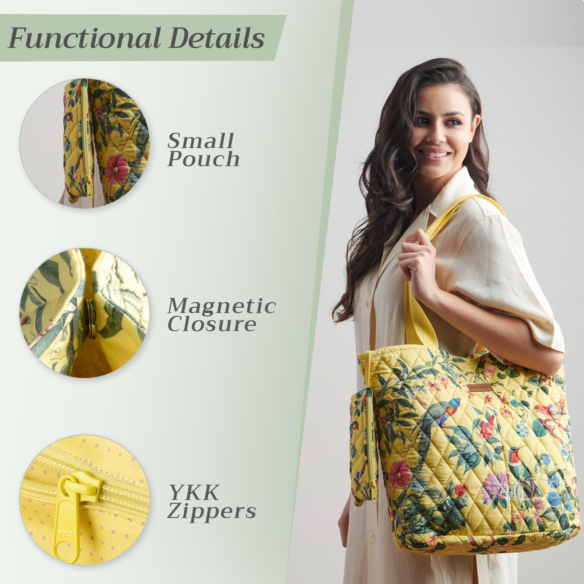 Maison d'Hermine Quilted Cotton Tote Bag with Zipper Pockets & Detachable Pouch - Stylish Shopping, Work, Travel & Lunch Bag for Women | Durable Grocery & Office Essentials Carrier