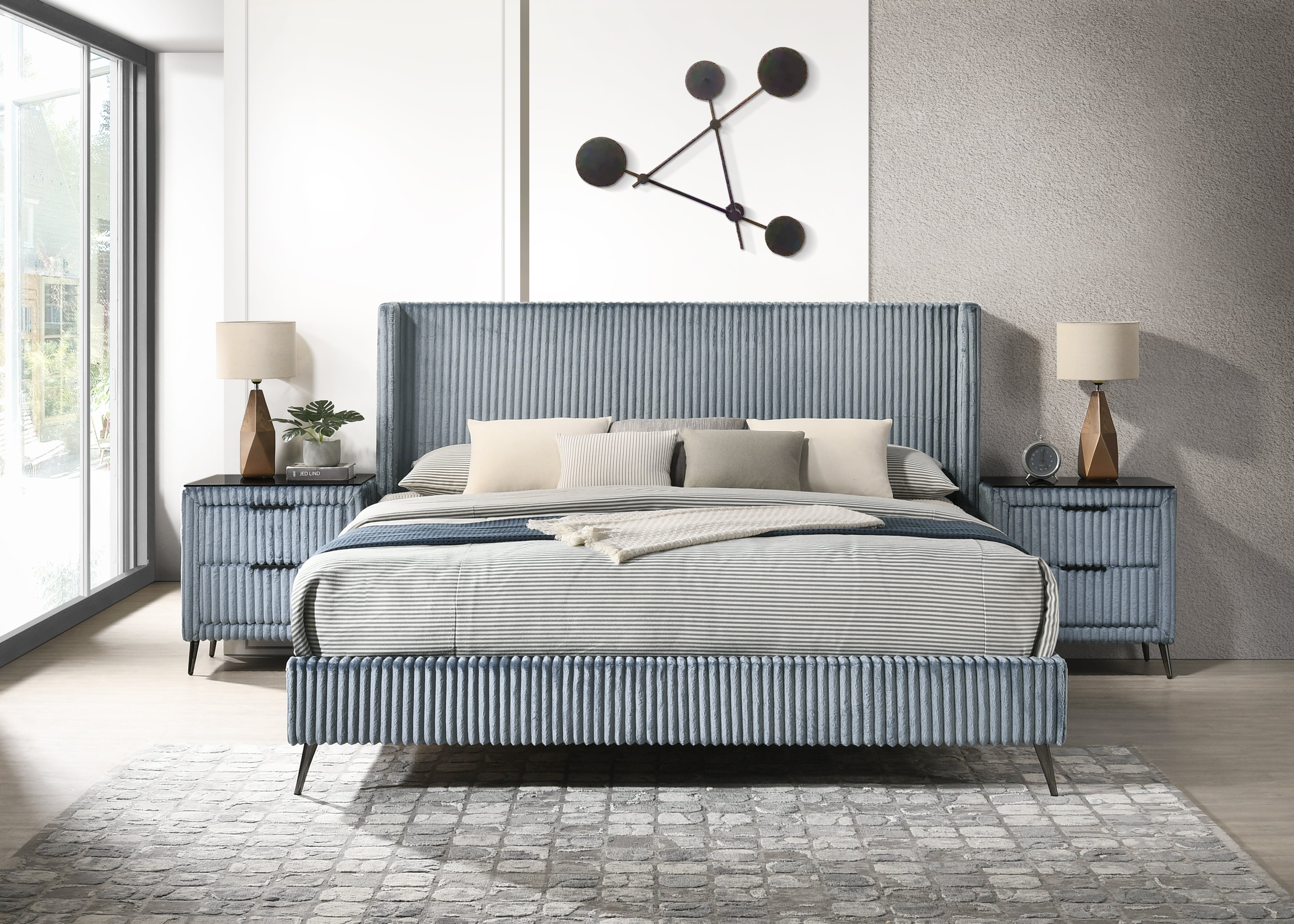 Roundhill Furniture Mavela Wide Wale Corduroy Upholstered Panel Bed with 2 Nightstands - Luxurious Bedroom Set for Modern Home Decor & Cozy Sleeping Experience