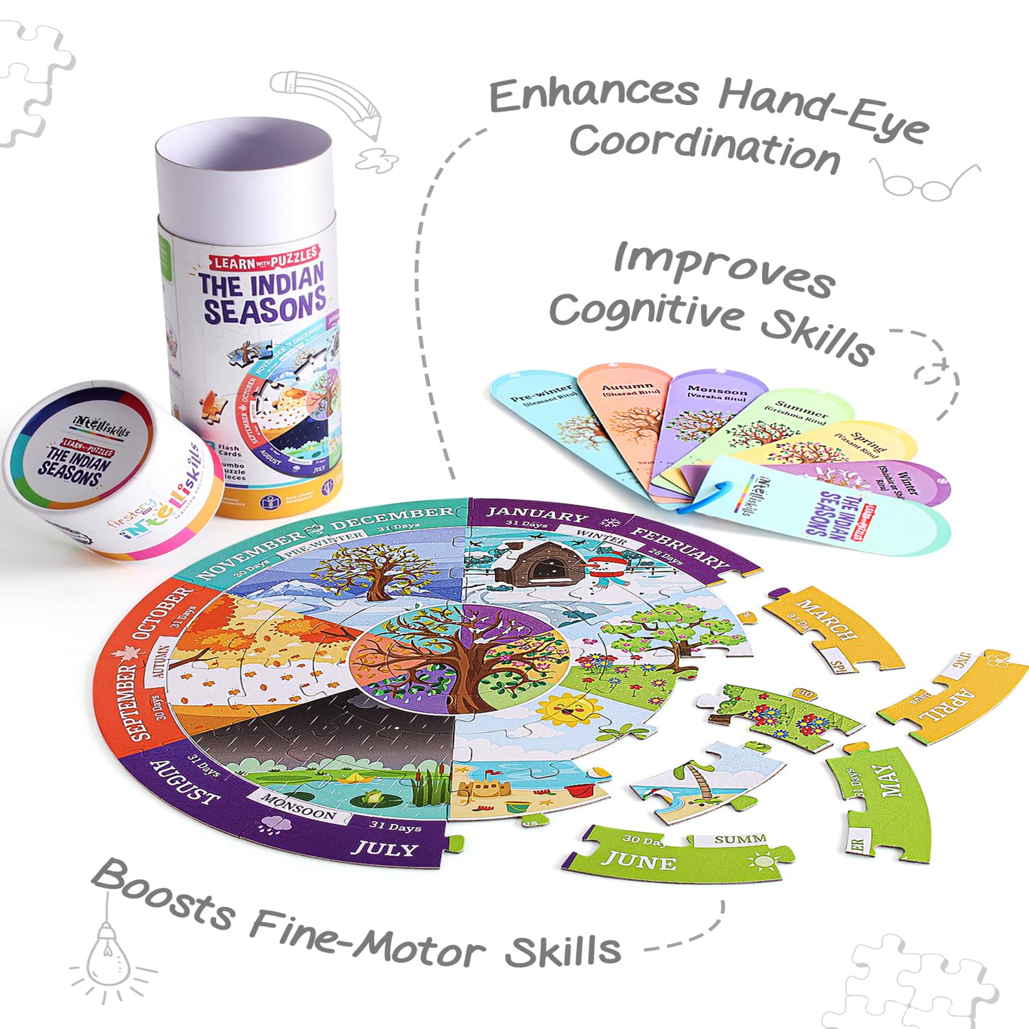 FIRSTCRY INTELLISKILLS Premium 37-Piece Indian Seasons Jigsaw Puzzle with 6 Flash Cards | Educational Toy for Kids Ages 4+ | Fun Learning of 6 Seasons | Floor Puzzle for Boys & Girls | BIS Certified | Perfect for Homeschooling & Classroom Activities
