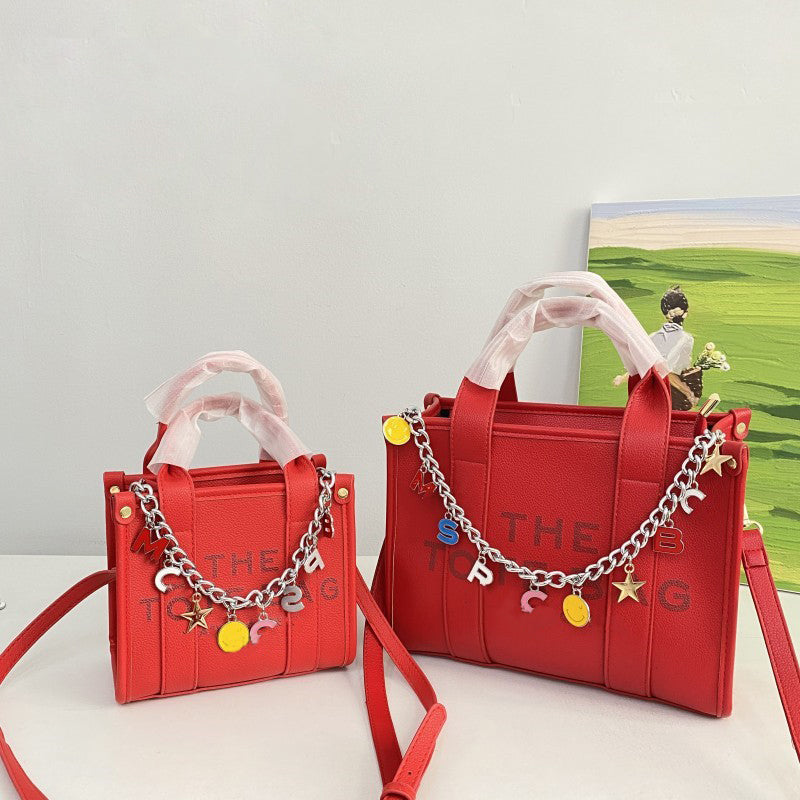 Stylish Letter Chain Tote Bag for Women - Trendy Canvas Shoulder Bag with Metal Chain Strap - Perfect for Shopping, Beach, Work & Daily Use