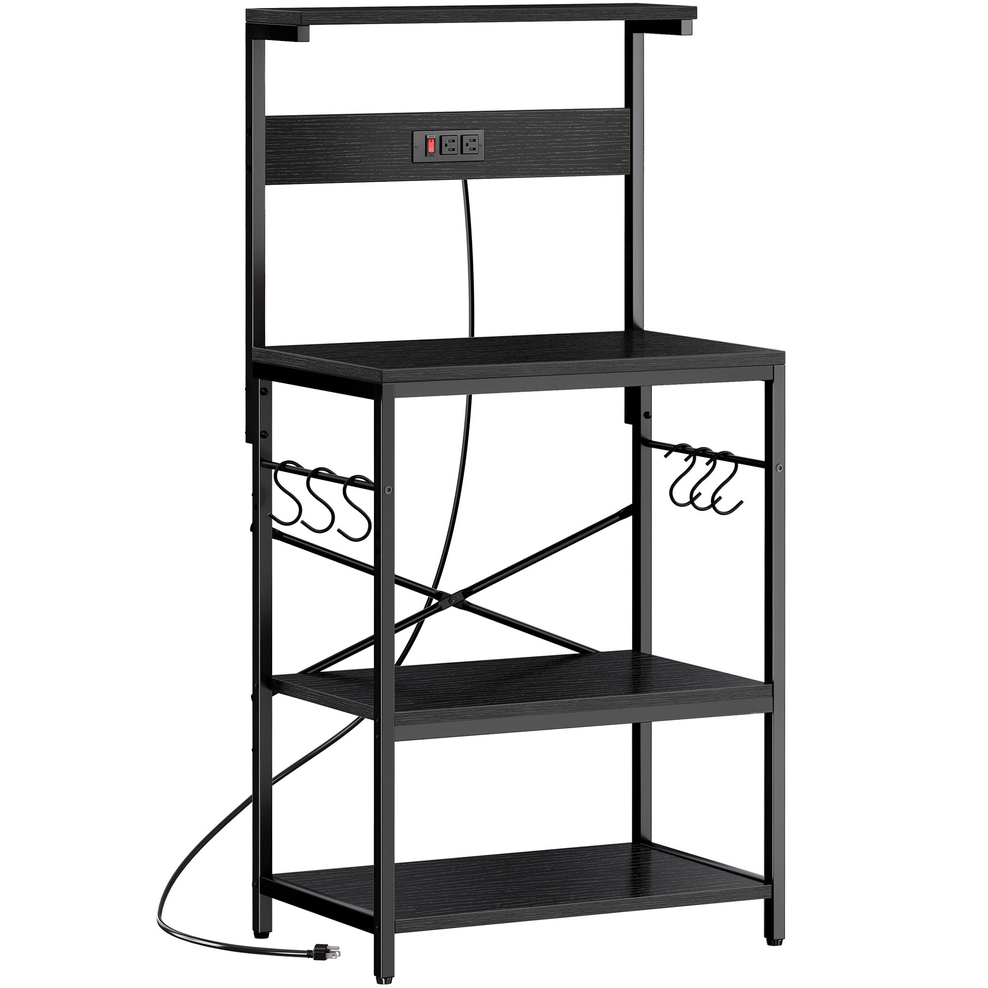 SUPERJARE 4-Tier Kitchen Bakers Rack with Built-in Power Outlet & Coffee Bar Table | Microwave Stand with 6 S-Hooks | Storage Shelf for Spices, Pots & Pans | Perfect for Small Kitchens, Coffee Stations & Pantry Organization - Black