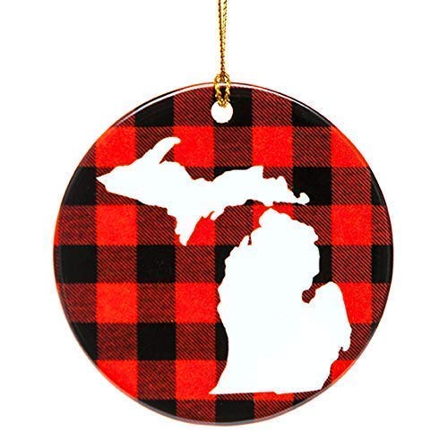 Red and Black Plaid Michigan Christmas Tree Ornament - Handmade Holiday Decor for Xmas Tree, Gift, and Home Decoration