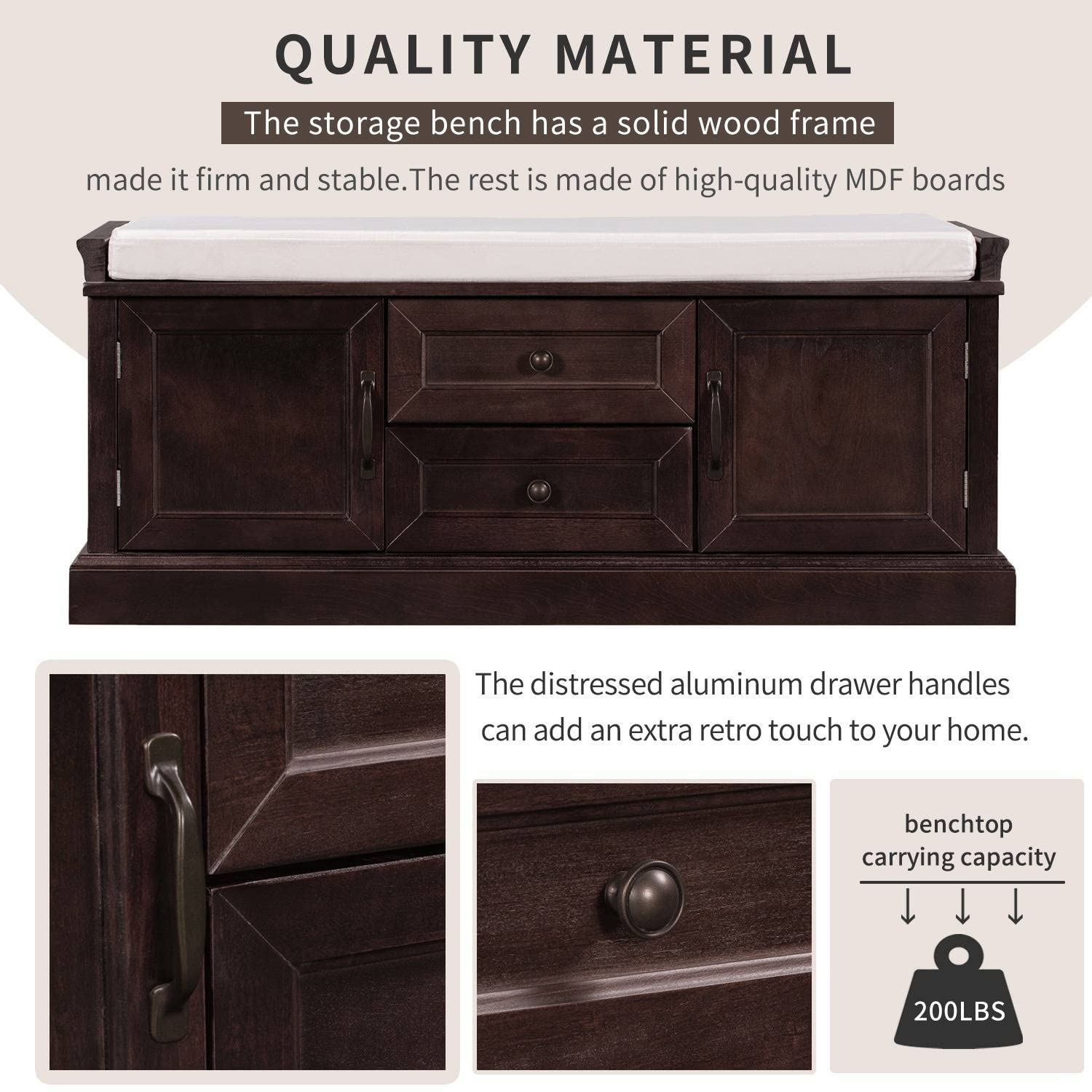 Wooden Shoe Storage Bench with 2 Drawers & 2 Cabinets - Entryway Bench with Removable Cushion - Perfect for Hallway, Mudroom & Bedroom Organization