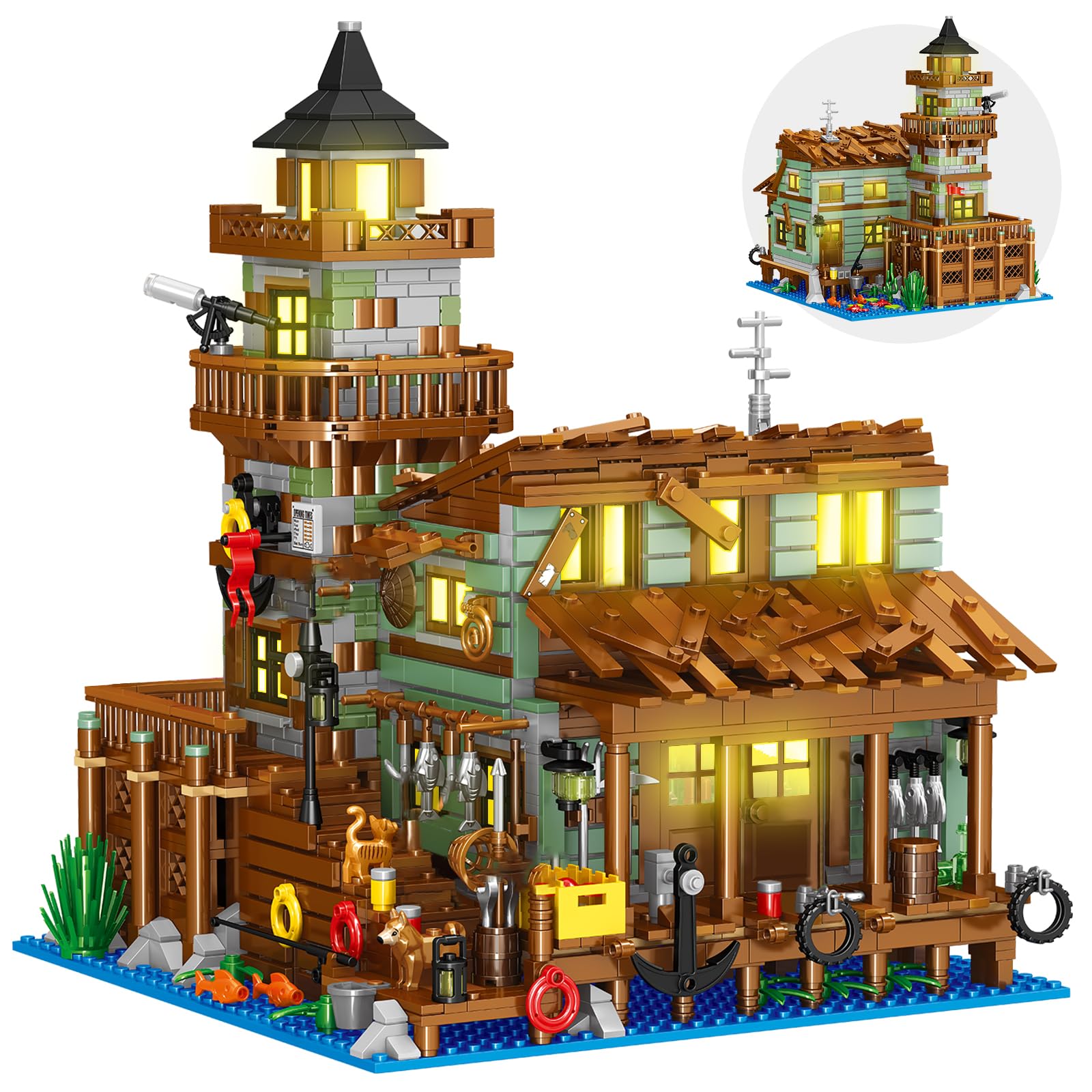 1881-Piece Wooden Cabin Mini Building Block Set with LED Lights - STEM Architecture Toy Kit for Adults & Kids Ages 8-12+ | Fishing Village Store House Model | Perfect Birthday Gift & Home Decoration (Not Compatible with Other Sets)