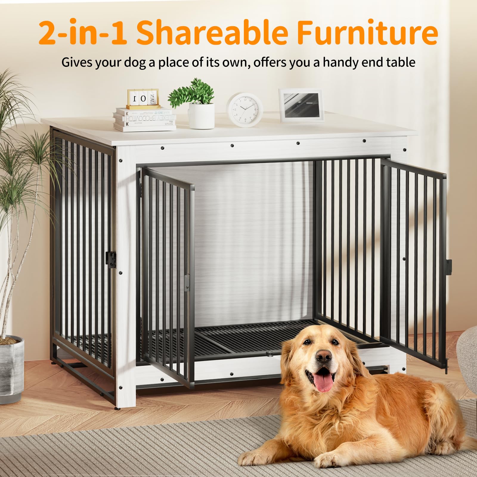 Modern White Wooden Dog Crate Furniture - Large Indoor Kennel with Removable Tray & Double Doors | Multi-Functional End Table for Living Room, Bedroom & Office | Stylish Pet Cage for Medium to Large Dogs