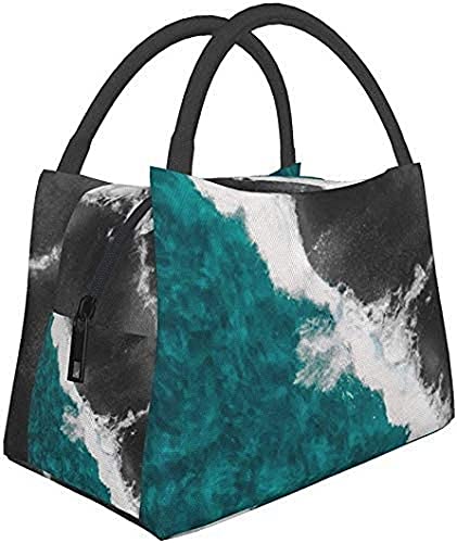 BAOHUMO Portable Insulated Lunch Bag - Modern Teal Blue & Black Ocean Wave Design, Multi-Functional Zipper Tote for School, Office, Picnic & Beach - Perfect for Keeping Meals Fresh On-The-Go