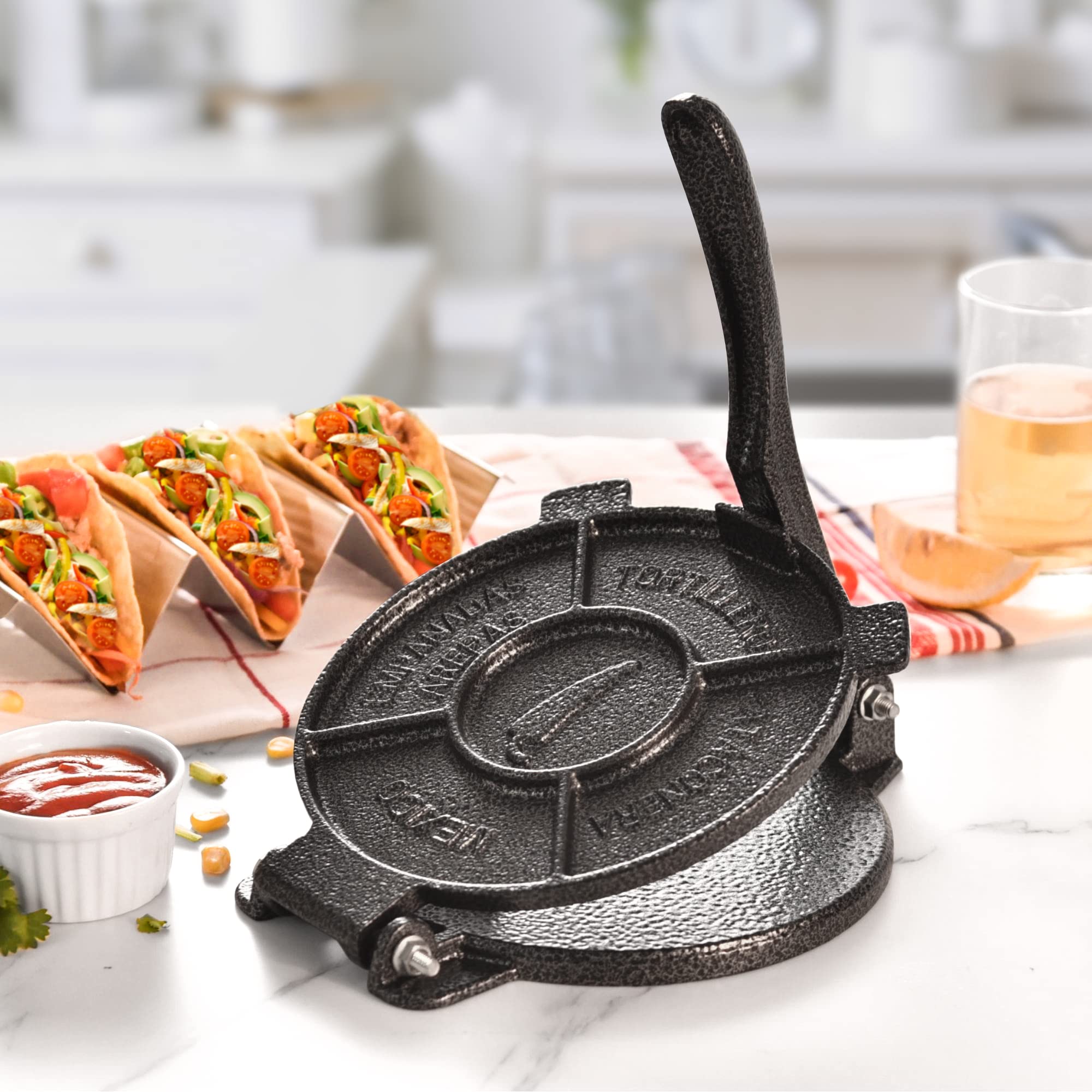 6.5 Inch Cast Iron Tortilla Press Maker - Heavy Duty Tortillera Pataconera with 100 Pcs Parchment Paper - Flour Tortilla Press, Roti Maker, Taco Press (Black Gray) - Perfect for Making Homemade Tortillas, Tacos, Roti & More