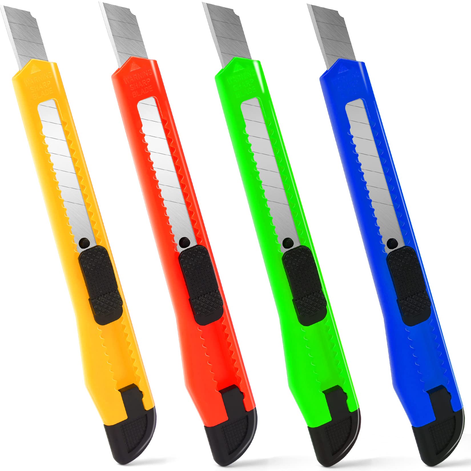 4 Pack 9mm Snap-off Utility Knife - Retractable Box Cutter for Opening Packages, Cartons & Boxes - Disposable Razor Knife with Safety Lock - Perfect for Office, Home, Warehouse & Shipping Use