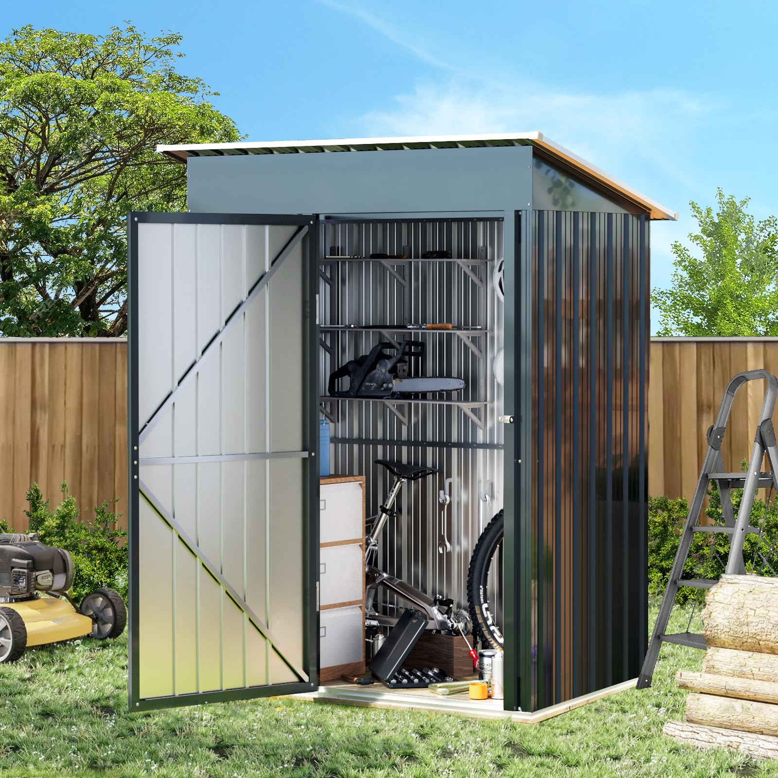 5x3FT Vertical Outdoor Steel Storage Shed with Floor Frame | Lockable Metal Tool Shed for Garden, Backyard, Patio | Weather-Resistant Utility Shed for Bike, Lawn Equipment & Outdoor Gear Storage | Perfect for Small Spaces & Urban Homes