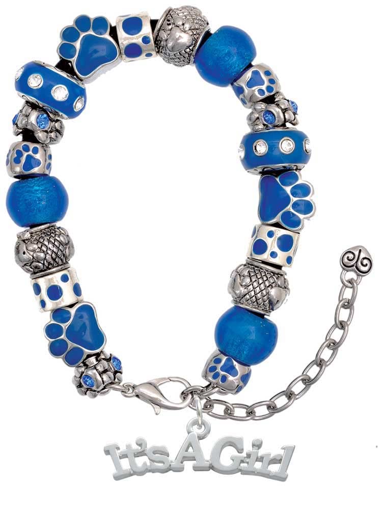 Delight Jewelry Gender Reveal Bracelet - Silvertone Blue Paw Print Bead Charm Bracelet for Baby Shower (7