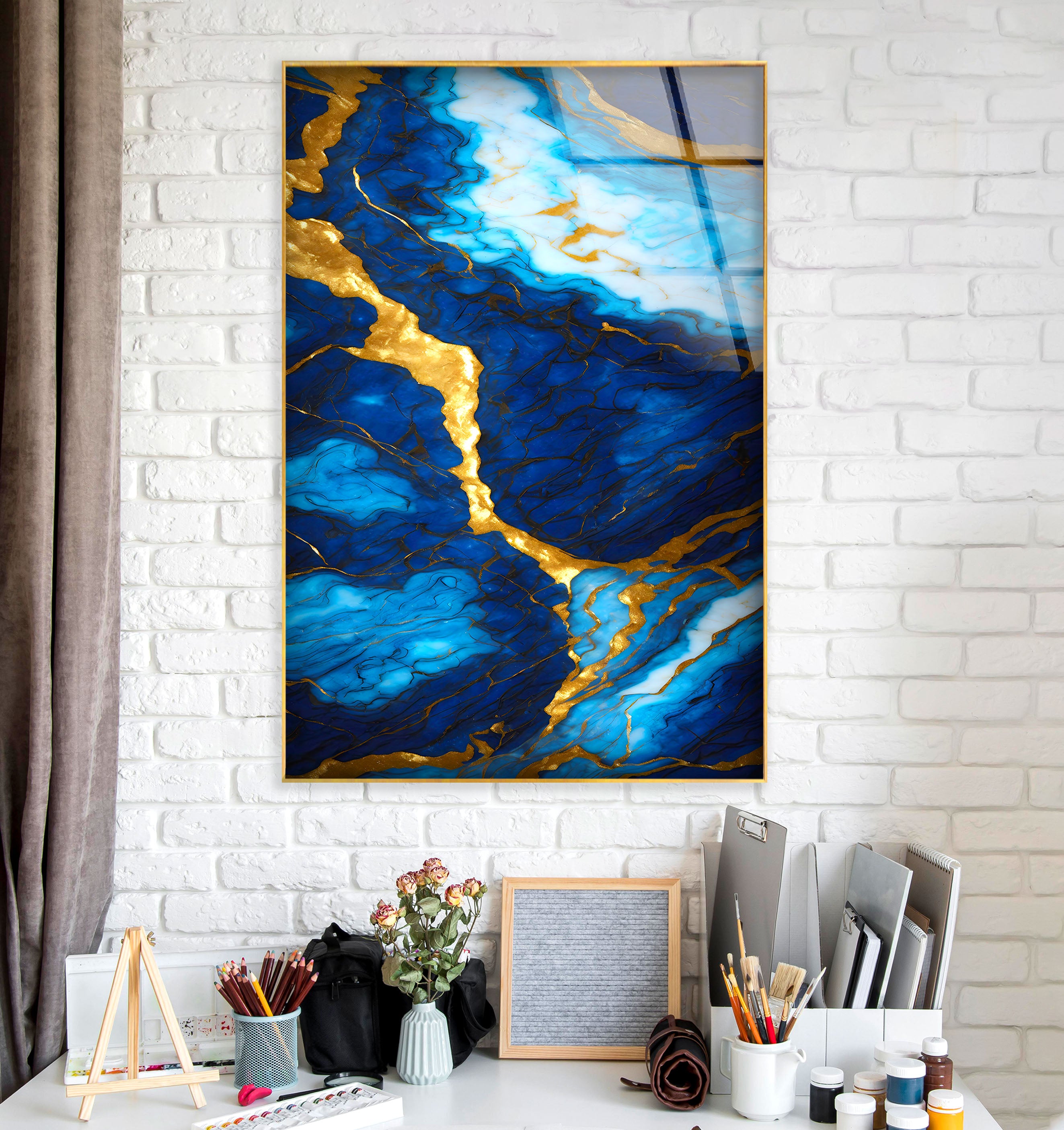 Blue and Gold Marble Wall Art - Elegant Glass Print with Rich Veins & Deep Texture | Modern Luxury Home Decor for Living Room, Bedroom & Office