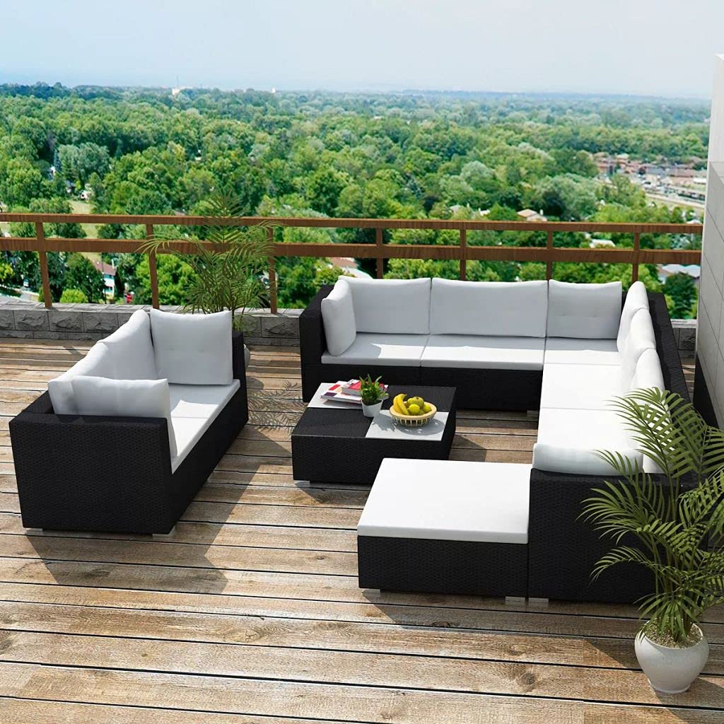 **10-Piece All-Weather PE Wicker Outdoor Patio Furniture Set - Black Poly Rattan Sectional Sofa with Cushions - Perfect for Garden, Poolside & Backyard Relaxation**