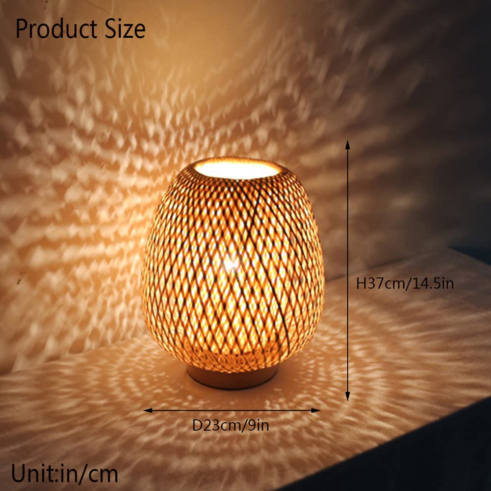 Natural Rattan Table Lamp with Wicker Lampshade & Wooden Base - Handwoven Bamboo Bedside Light with On/Off Switch - Rustic Home Decor for Bedroom, Living Room, Study, Cafe & Dining Areas (37cm Height) - Perfect for Cozy Reading Nooks & Ambient Lighting