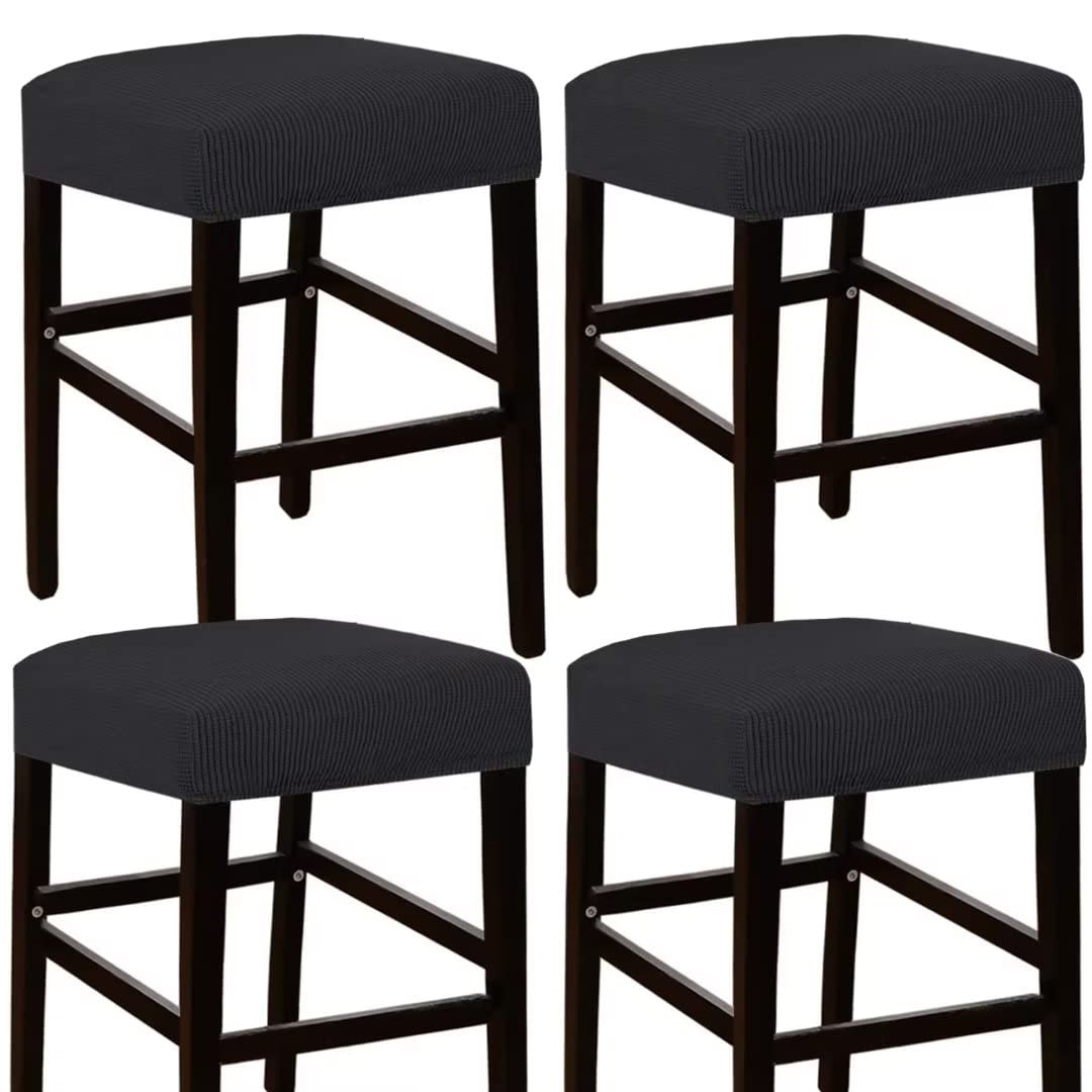 4 Pack Elastic Rectangle Bar Stool Covers - Jacquard Stretchable Vanity Stool Slipcovers for Wooden/Metal Counter Stools & Benches (Black) - Perfect for Kitchen, Dining Room & Home Decor