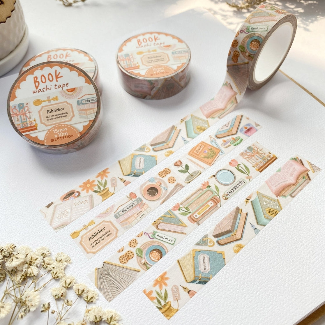 Book Washi Lettoon - Decorative Japanese Washi Tape for Scrapbooking, Journaling, and DIY Crafts | Perfect for Bullet Journals, Gift Wrapping, and Home Decor