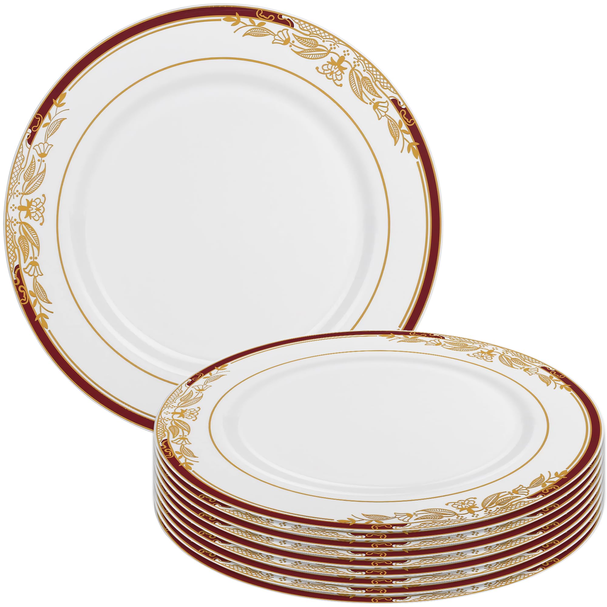 Elegant White with Burgundy & Gold Trim Disposable Plastic Dinner Plates 10.25 Inch - 10 Pack for Wedding Reception, Banquet, Party, Anniversary & Holiday Celebrations - Perfect for Upscale Events, Catering & Special Occasions