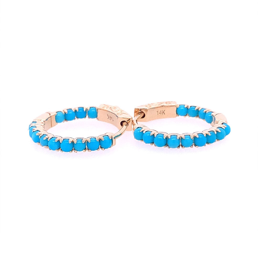 14K Yellow Gold Small Turquoise Hoop Earrings for Women - Elegant Inside Out Design, Perfect for Daily Wear, Parties & Gifts
