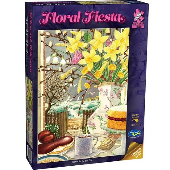 Holdson Floral Fiesta 1000-Piece Jigsaw Puzzle - Daffodils By the Sea Landscape Art - Challenging Adult Puzzle for Relaxation & Home Decor